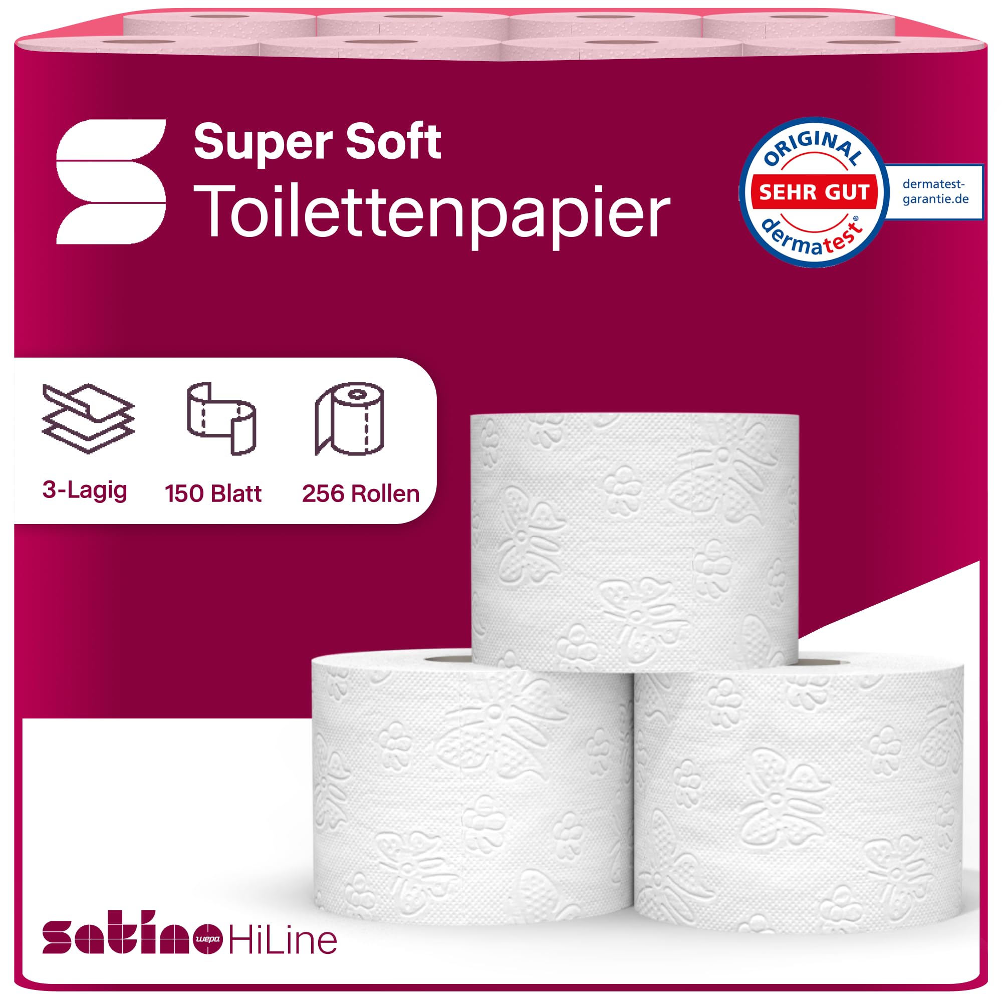128 Rollen Toilettenpapier 3-lagig – aus 100% Zellstoff - Made in Germany - 16 Packs á 8 Rollen á 150 Blatt – für Zuhause, Hotels, Gastronomie, Gewerbe, Industrie - Satino