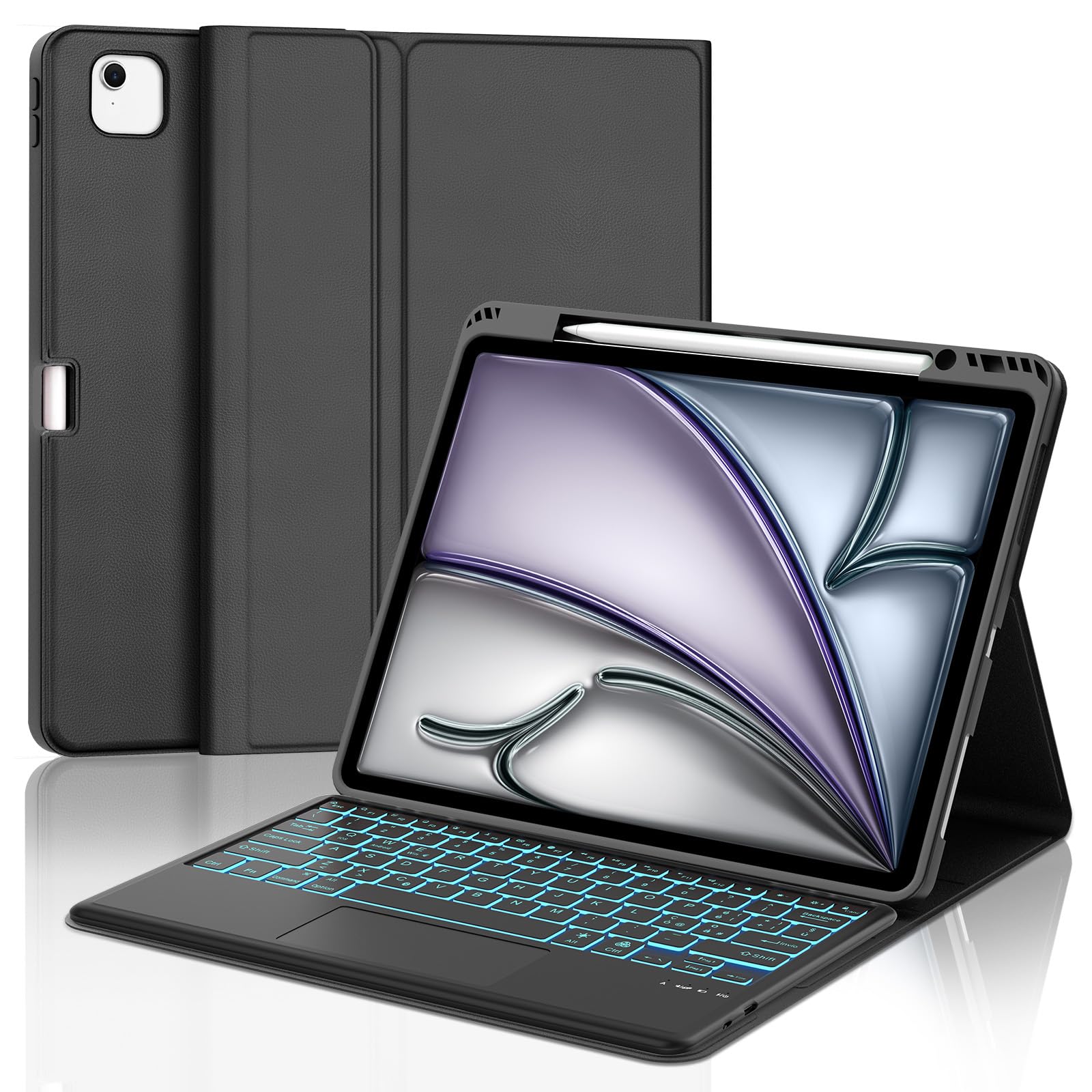 Per iPad Air 13 M4 2026/M3 2025/M2 2024 e iPad Pro 12.9 2028-2022 Tastiera | Custodia Tastiera Bluetooth Rimovibile con Retroilluminazione 7 colori e Touchpad, Keyboard Wireless Portatile, Nero