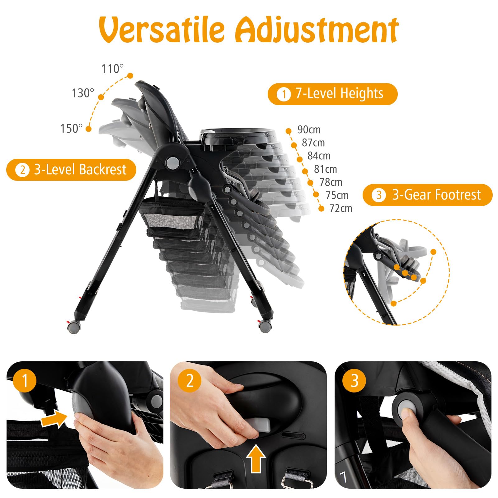 LIFEZEAL Trona Plegable con 7 Posiciones de Ajuste de Altura, Respaldo Reclinable, Trona Evolutiva con Cojín Confort, Doble Bandeja, Articulada, 6-36 meses, Capacidad 15 kg (Negro)