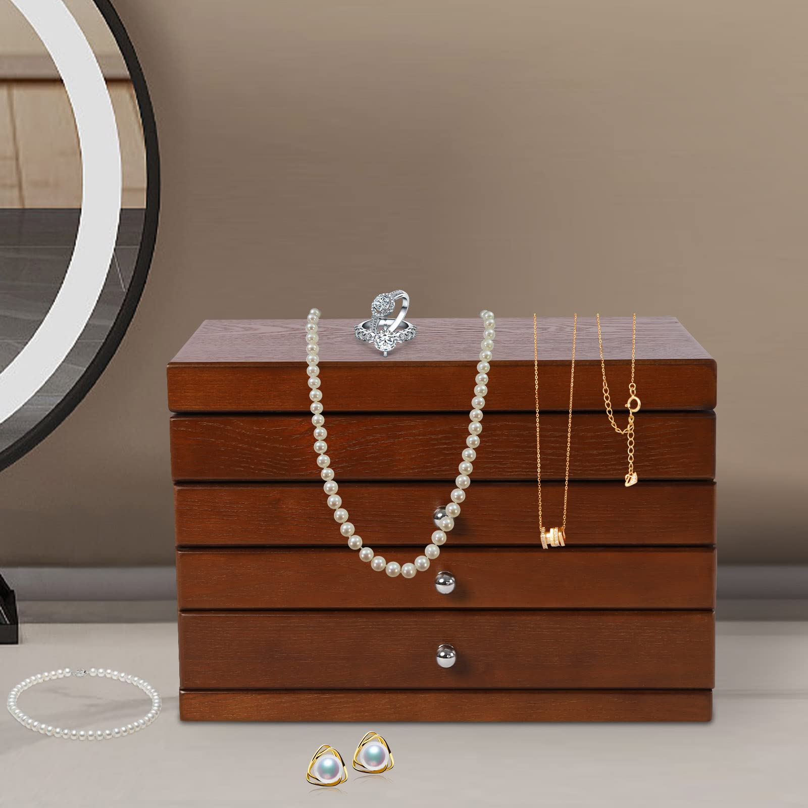 CHUOZI Jewellery Box,4-Tier Wooden, Storage With Drawers (Original Wood, 3)