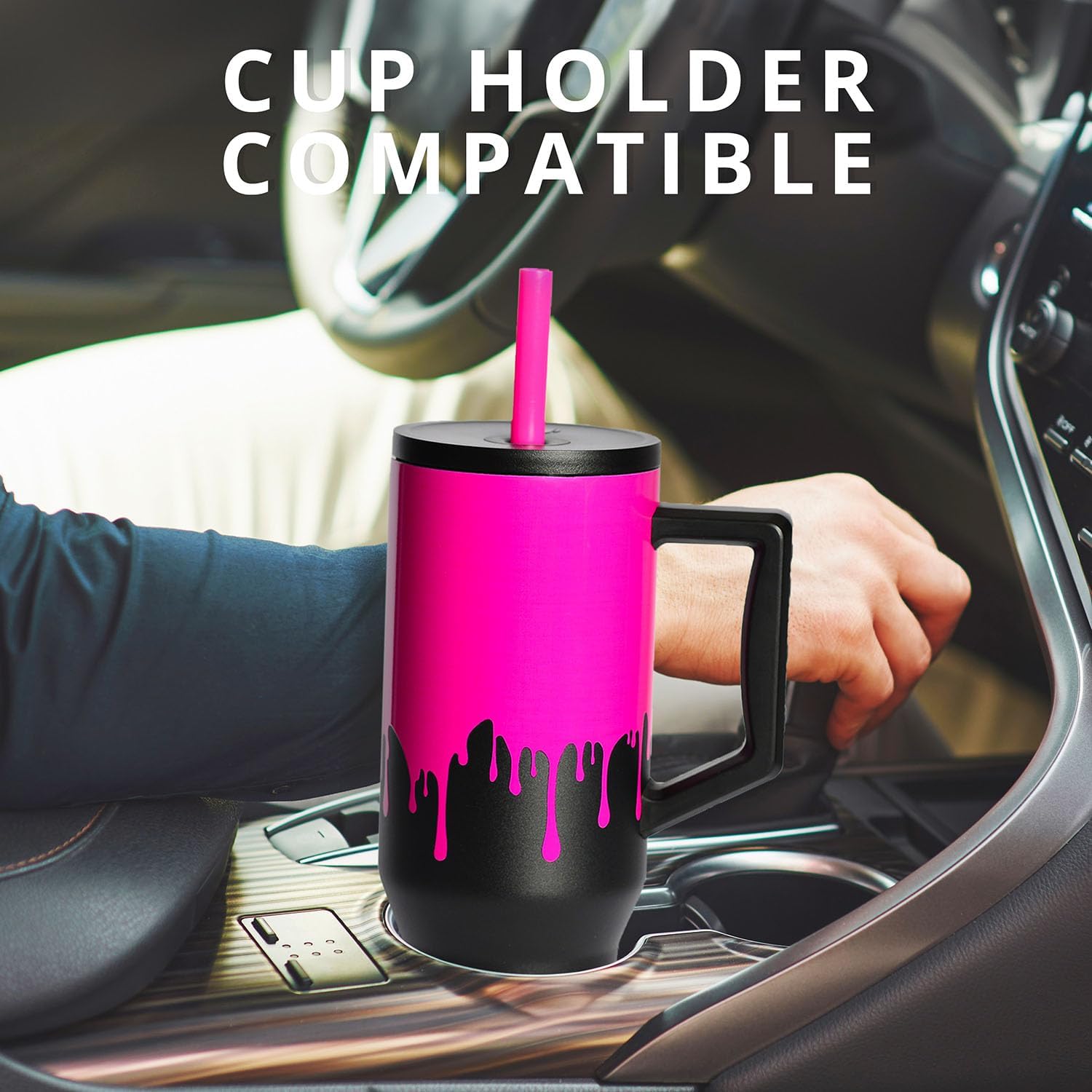Elemental 40 oz Tumbler with Handle and Straw - Spill Proof Insulated Stainless Steel Commuter for Cold Beverages - Travel Coffee Mug with 2 Straws & Spill Proof Lid - 40oz - Hot Pink Drip