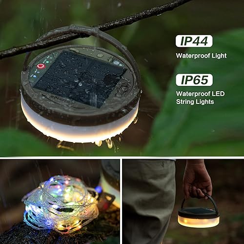 Miniatura 6 de Cadena de luces solares para campamento, 4 en 1, cadena de luces para acampar al aire libre (39.4 pies) con 8 modos de iluminación, funciona con