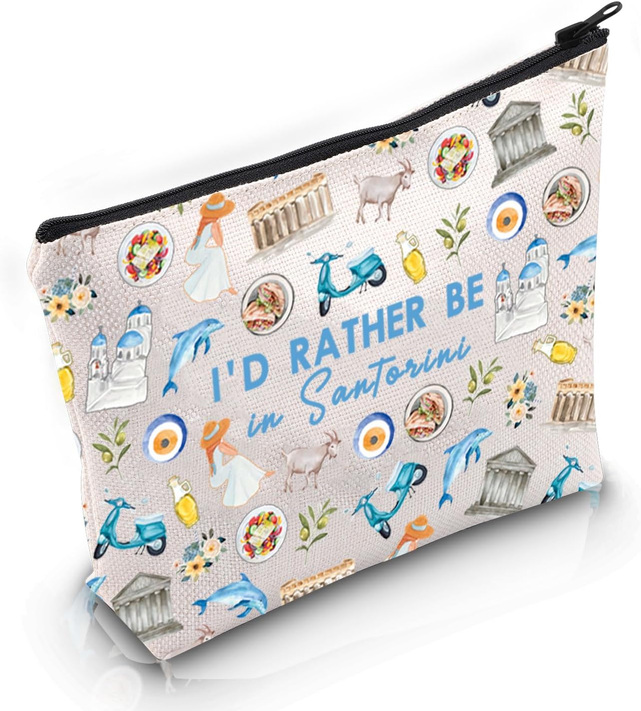 PYOUL Greece Vacation Gift I’d Rather Be in Santorini Makeup Bag Greece Travel Souvenir Cosmetic Bag Greece Lover Merch (Rather Be in Santorini B)