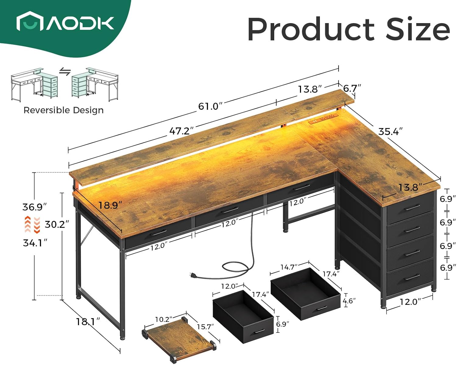 Dimensions of AODK 61 inch L Shaped Desk