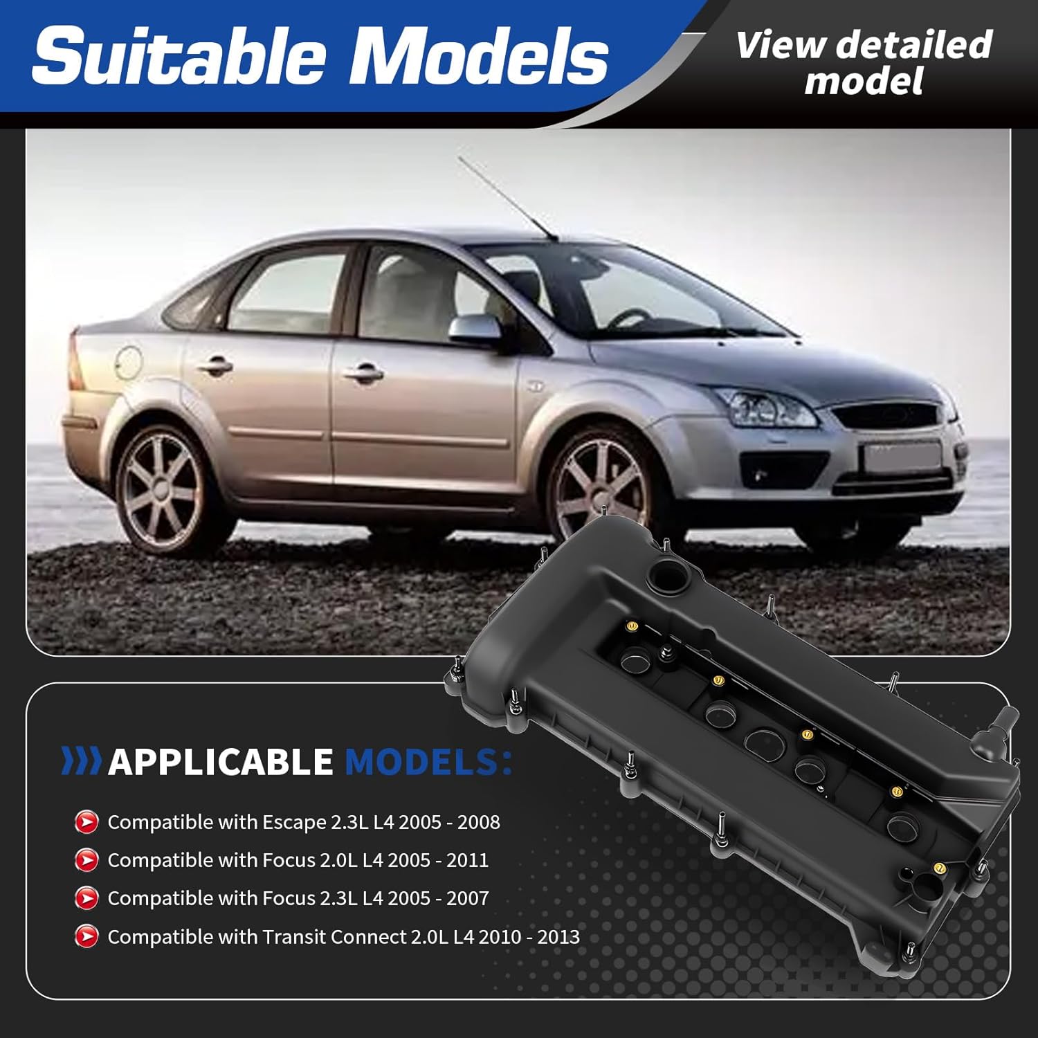 4S4Z-6582-CA Engine Valve Cover with Gasket Compatible with Escape 2004-2008 Transit Connect 2010-2013 Focus 2005-2011 2.0L 2.3L 4S4Z-6582-D 1S7Z-6584-BA