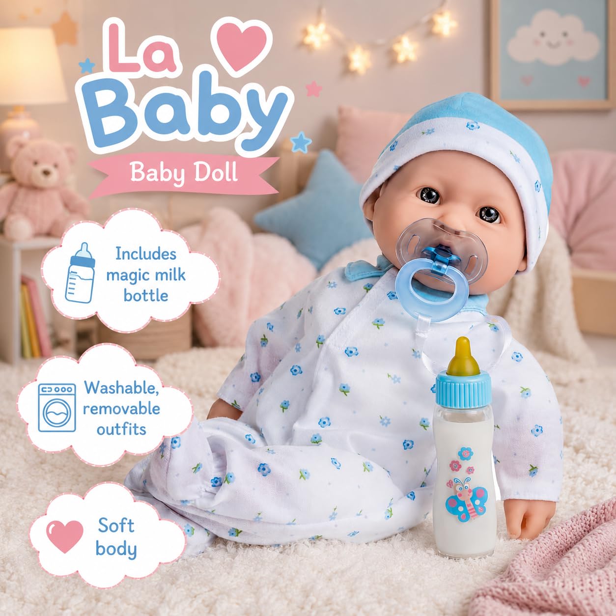 JC Toys Bambola La Baby 40 cm con corpo morbido e lavabile, biberon magico e lecca-lecca, blu, progettata in Spagna, +12 mesi