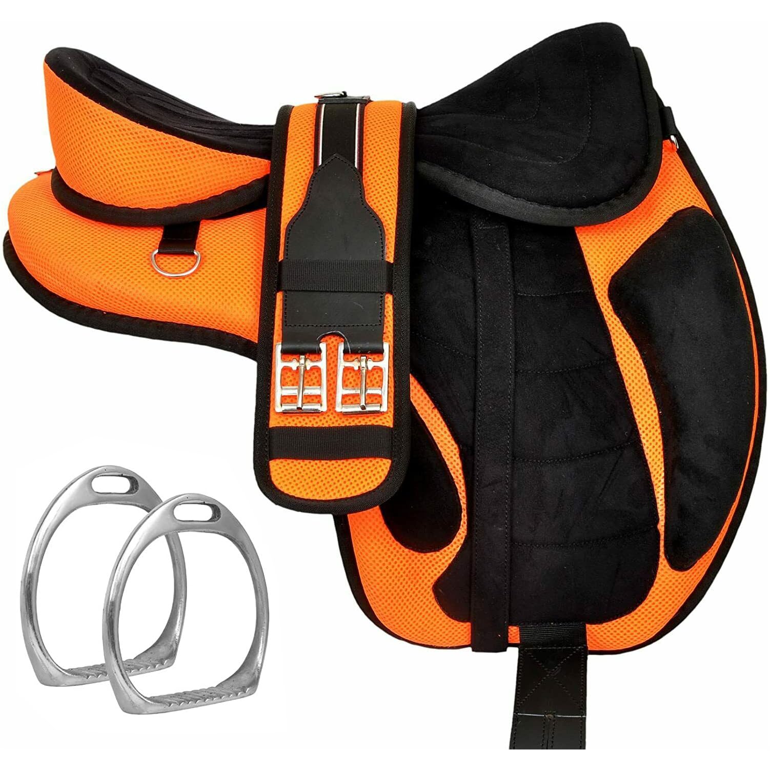 Synthetic Treeless Freemax English Horse Saddle with Matching Girth and Aluminum Stirrups Pair Set (Orange, 15 Inches Seat)