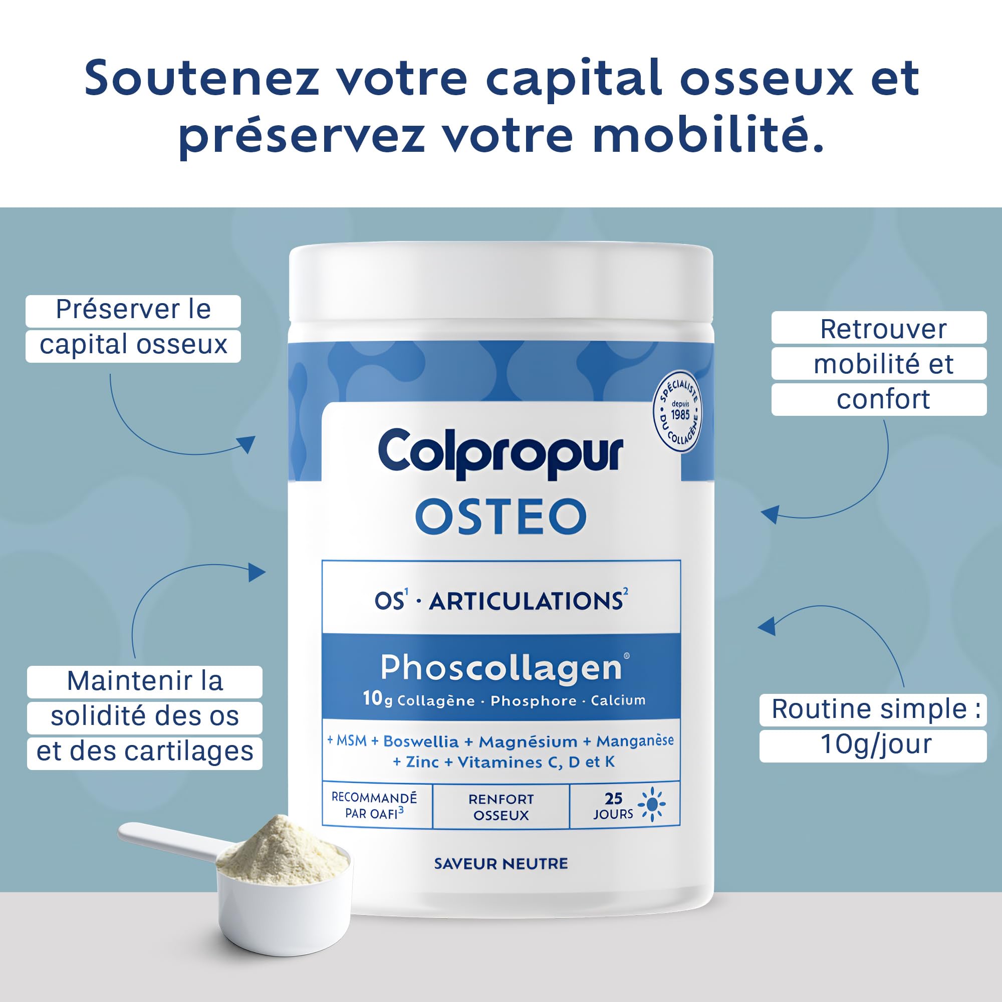 COLLAGENE Poudre Spécial Os & Articulation | 25 jours | Saveur Neutre | 325g | Complément Alimentaire | Collagène Hydrolysé, Calcium, Magnésium | Phoscollagène| Sans OGM ni Additif | COLPROPUR Ostéo
