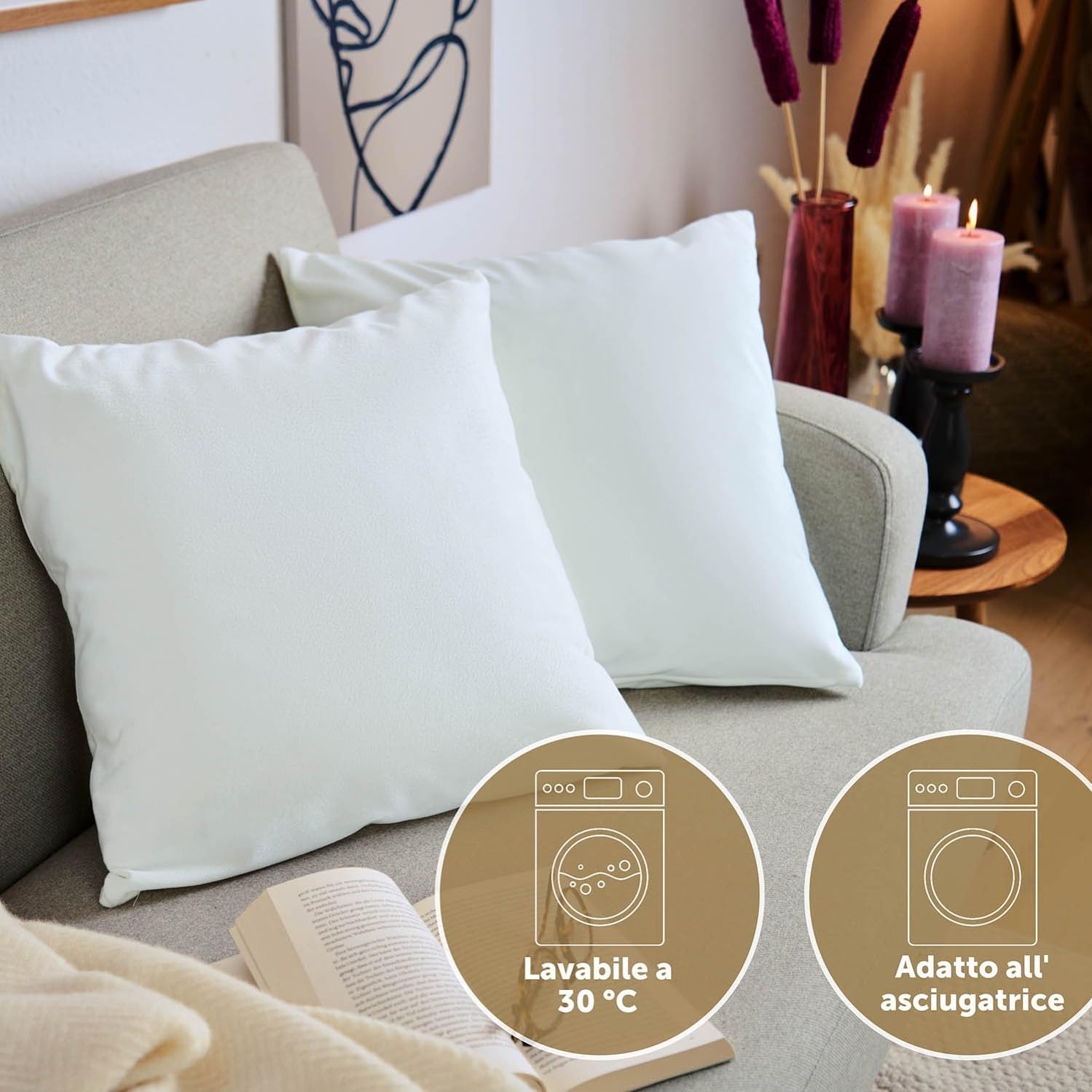 Blumtal Set di 2 Federe Cuscini Divano 60x60 cm in Velluto, con Chiusura Lampo Invisibile, Eleganti Copricuscini Divano in Morbido Velluto,Taglia 60 x 60, Bianco