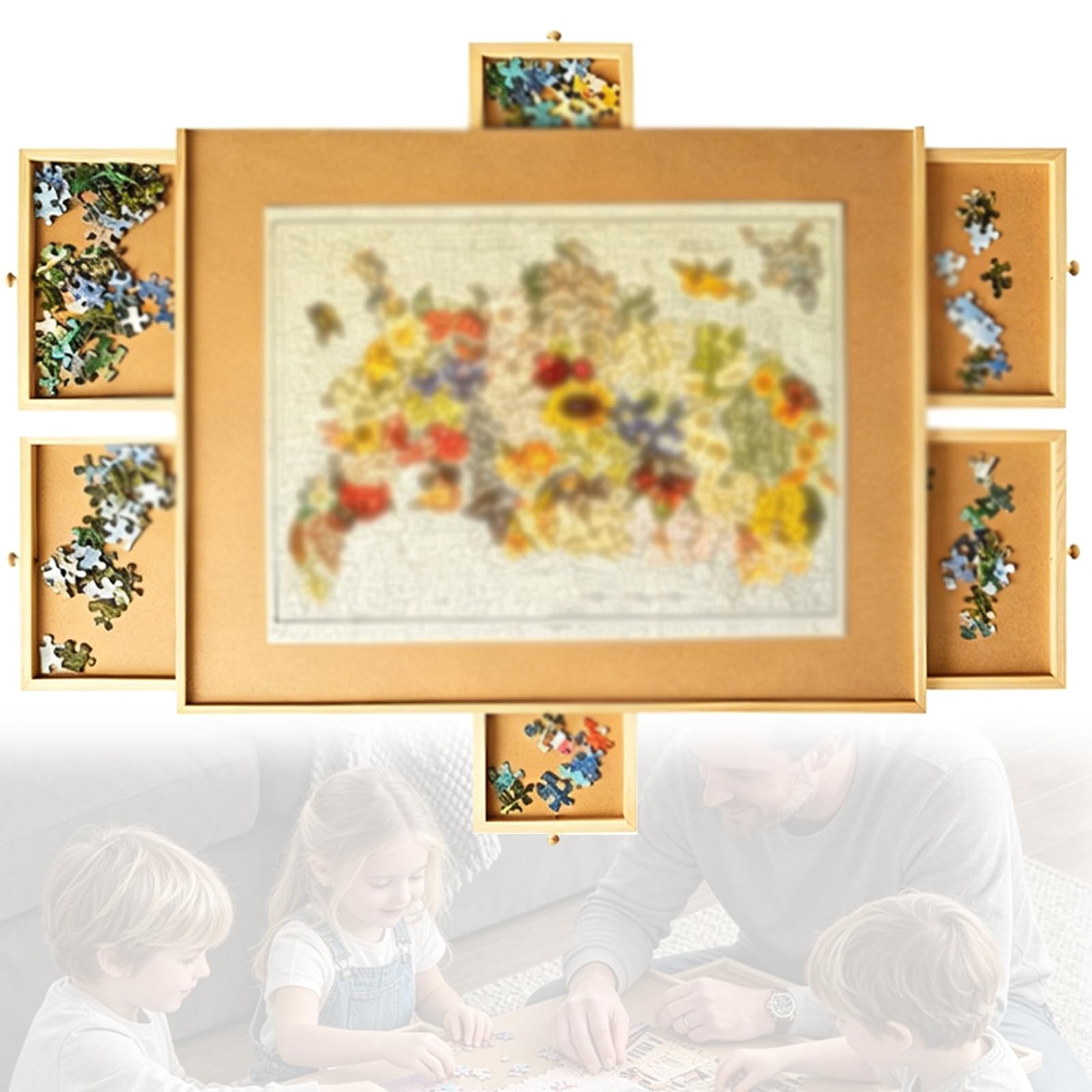 Tavola puzzle in legno con coperchio, tavolo puzzle girevole, tavole puzzle da tavolo e contenitore con 6 cassetti, superfici antiscivolo, risparmiare spazio, per compleanni, giochi, adulti e bambini