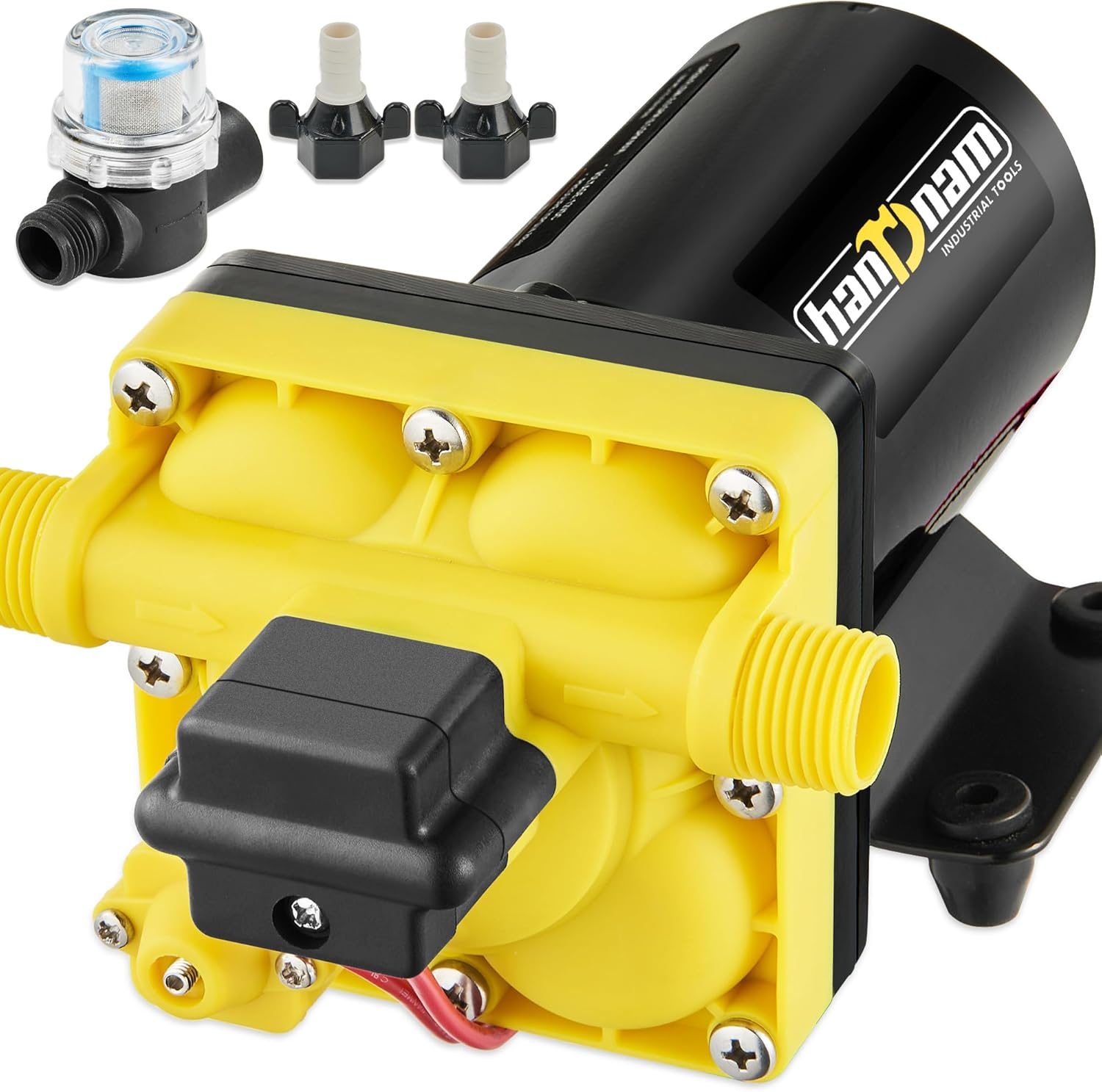 RV Water Pump, 12V DC Water Pump, 6GPM 70PSI Self-Priming Diaphragm Fresh Water Pump with Pressure Switch and Strainer for RV, Marine, Yacht, Caravan, Camper, Garden