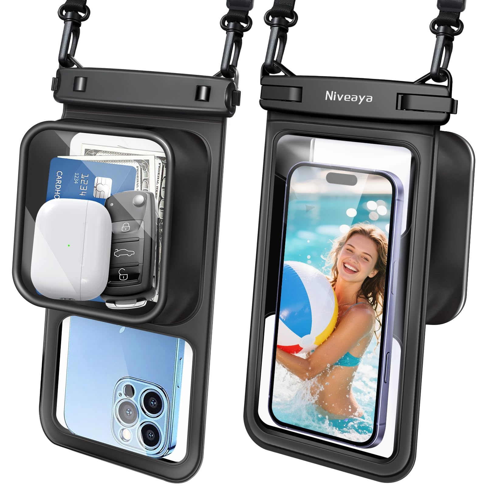 Niveaya [Floatable Floating Waterproof Phone Pouch 2 Pack-Up to 8.5", Large Space Adjustable Neck Lanyard Waterproof Phone Case, Phone Dry Bags for