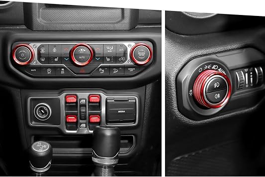 Jimen Fit for Jeep Wrangler JL JLU 2018-2025 & Gladiator JT 2020-2025, 8PCS Window Button Trim & Audio Volume Radio Knob AC Control Ring Air Conditioning Knob & Headlight Switch Knob Cover Red