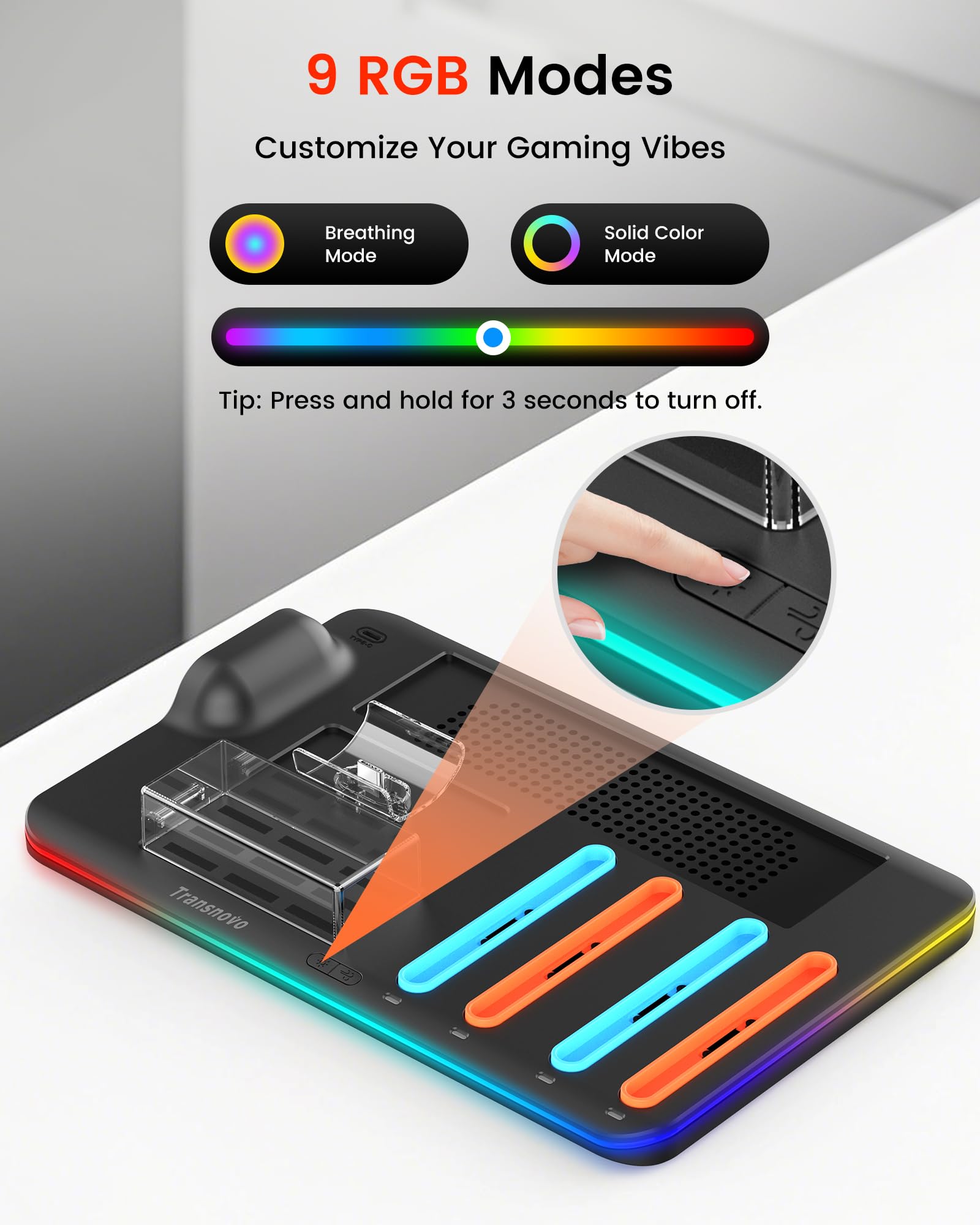 Transnovo Base de Carga para Switch 2 Consola Accesorios, Joycon & Mando Pro, Cargador Mando Switch 2 con Ventiladores, 9 Ranuras para Cartas, LED & 9 Modos RGB, Protección Inteligente