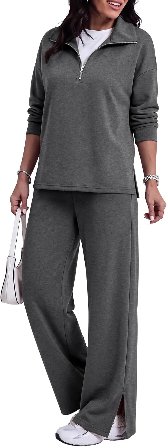 ANRABESS Two Piece Sets for Women Half Zip Sweatsuits,Dark Gray,M