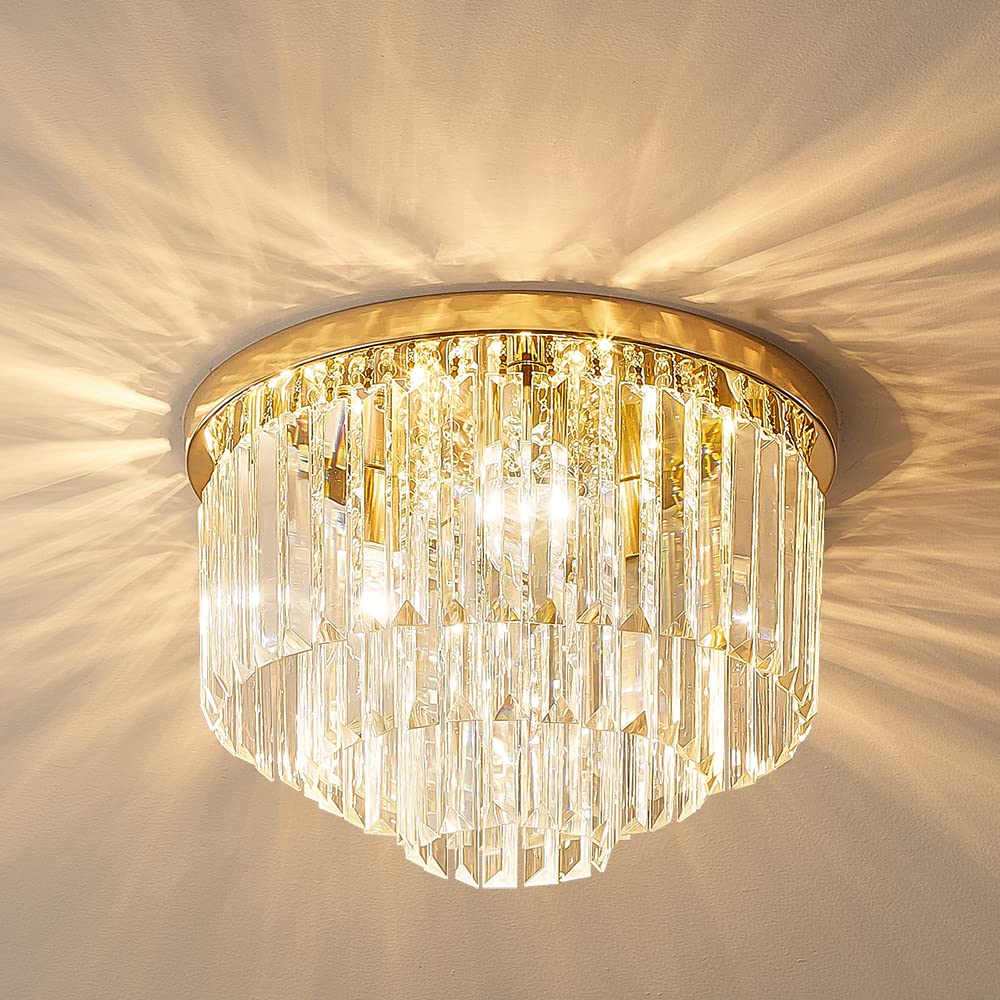 Gopmmy Modern Gold Crystal Chandelier Ceiling Light,16" Semi Flush Mount 5-Lights 3-Tier Crystal Round Chandelier Light for Bedroom Living Room…