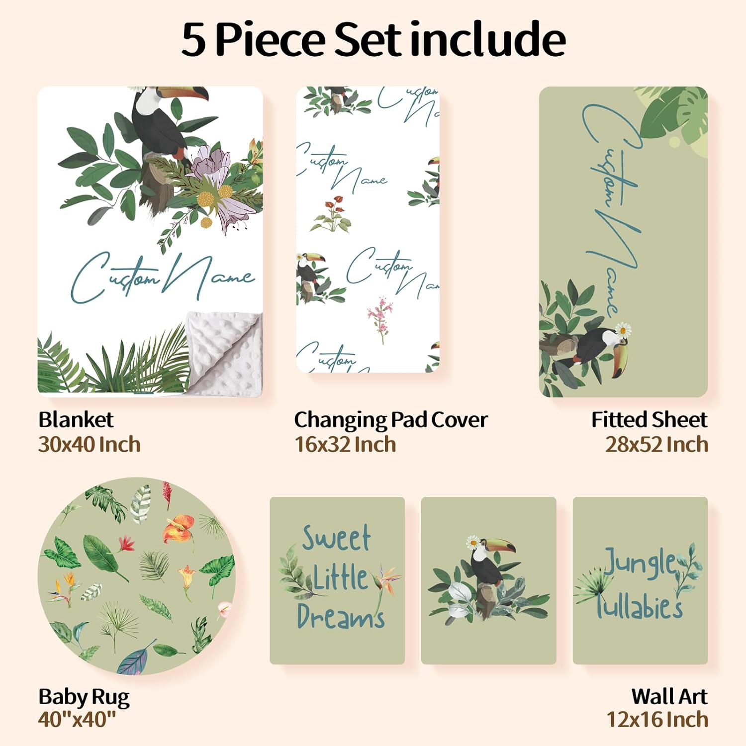 Personalized Baby Crib Bedding Set, Custom Name Nursery Bedding, Toucan 5 Pcs Baby Bedding Set for Girl Boy, Double Layer Crib Set, Customized Gifts