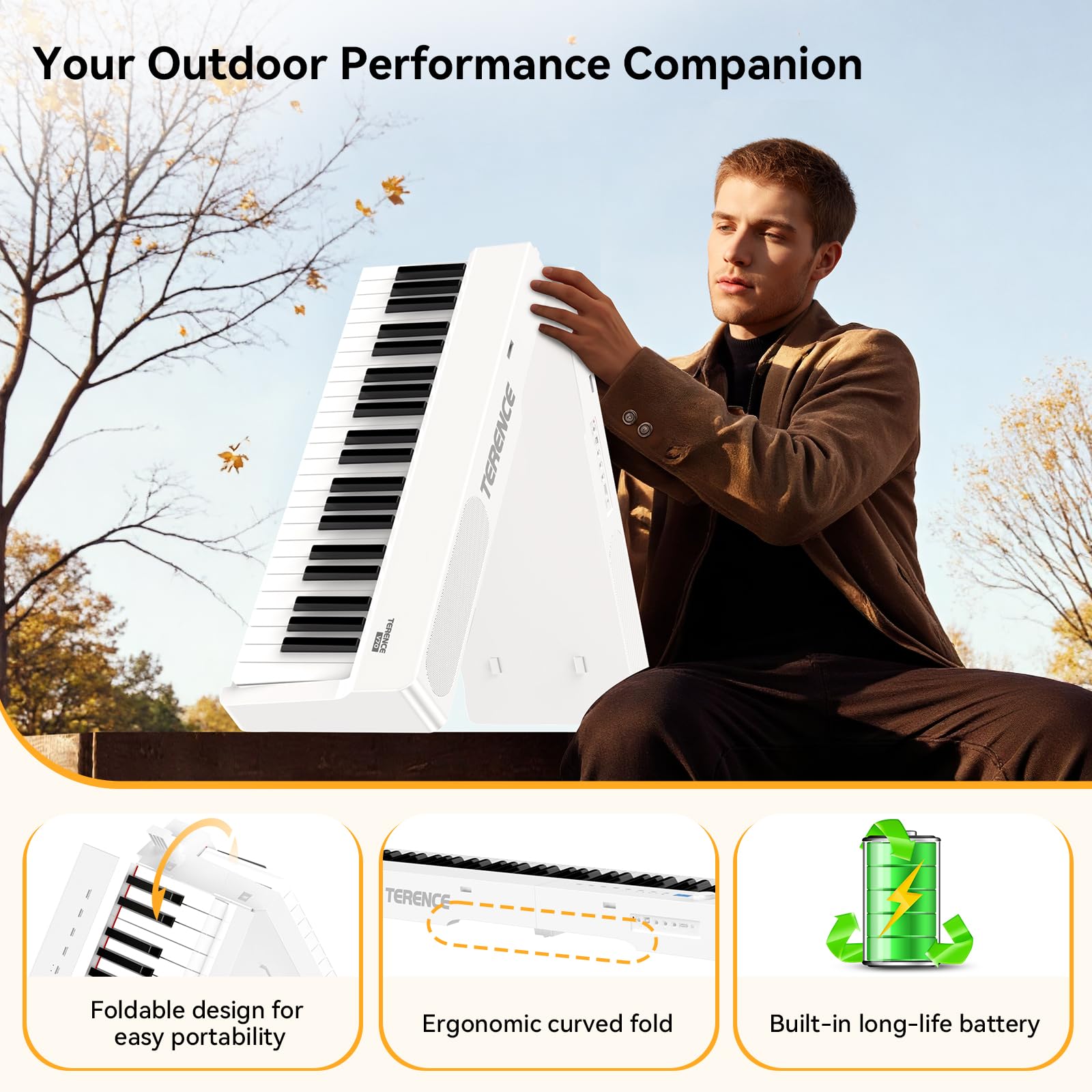 TERENCE V70 Pianoforte Digitale 88 Tasti Pesati – Tastiera Musicale con 4 Altoparlanti 20W×2+5W×2 –Custodia Cuffie in Omaggio – Pianoforte Elettrico per Esami e Studio –Bianco