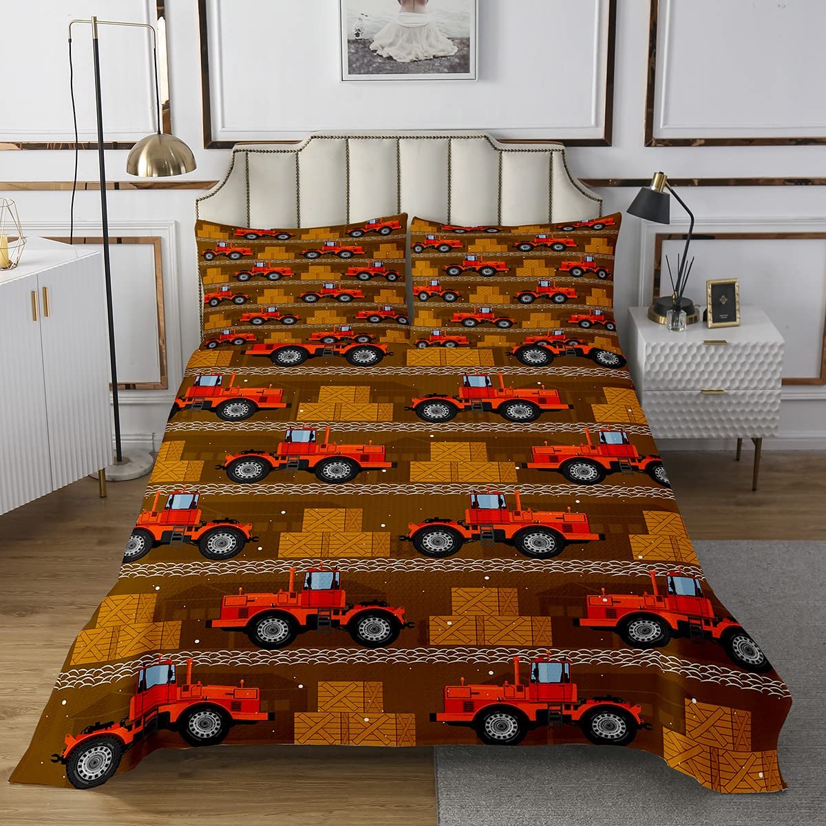 Set Copriletto Per Bambini Camion Ed Escavatore – Trapunta Singola 170x230 Con Federa, Stile Cartone Animato