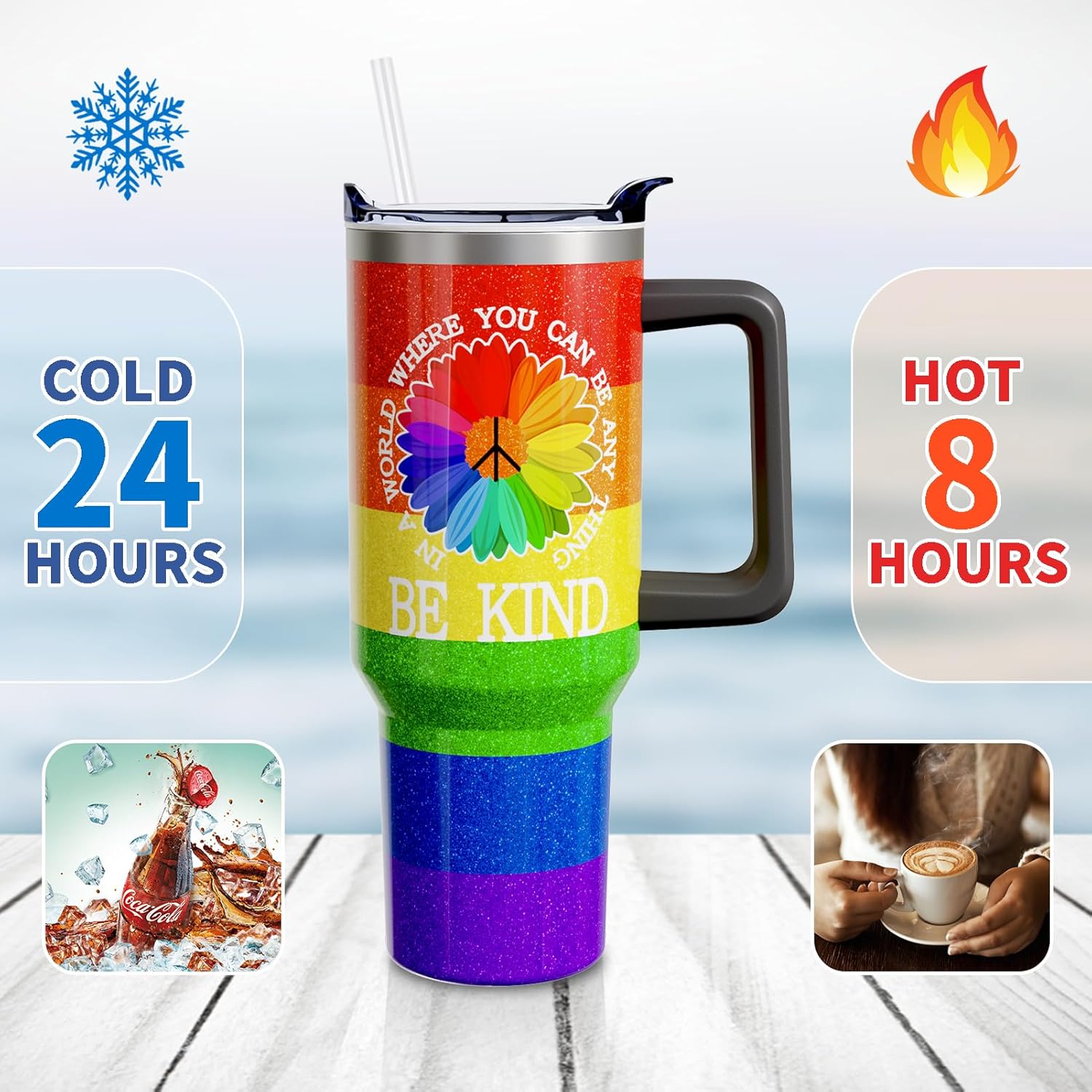 Rainbow Pride Gifts 40 Oz Tumbler with Handle and Straw, Be Kind Stainless Steel Insulated Cup Water Bottle, LGBT Pride Month Gifts for Women Men (1PC)