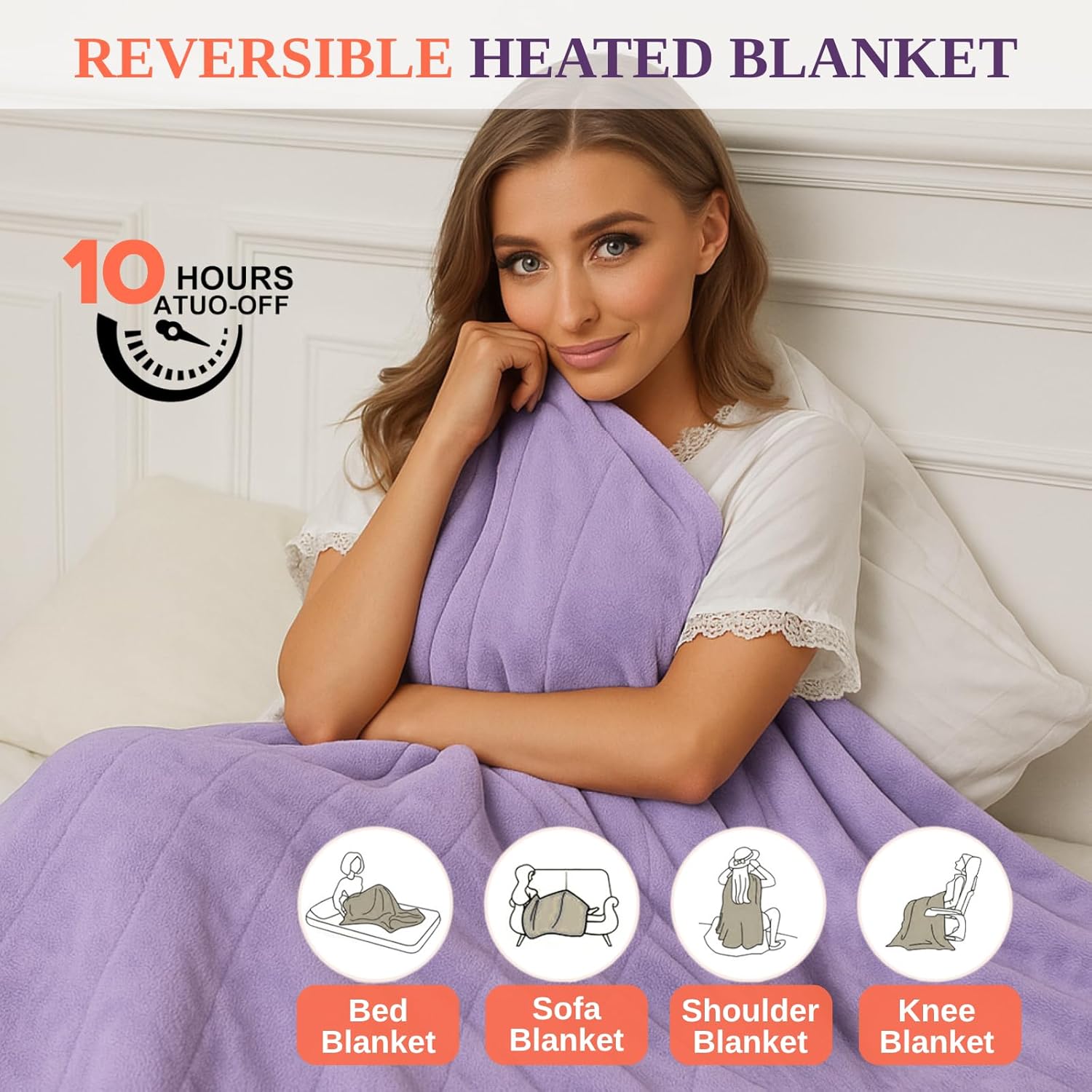 Electric Heated Blanket Sherpa Twin Size 62"x84" Purple Machine Washable 6 Heat Settings 10 Hours Auto Off Overheat Protection for Home Office Use - Image 3
