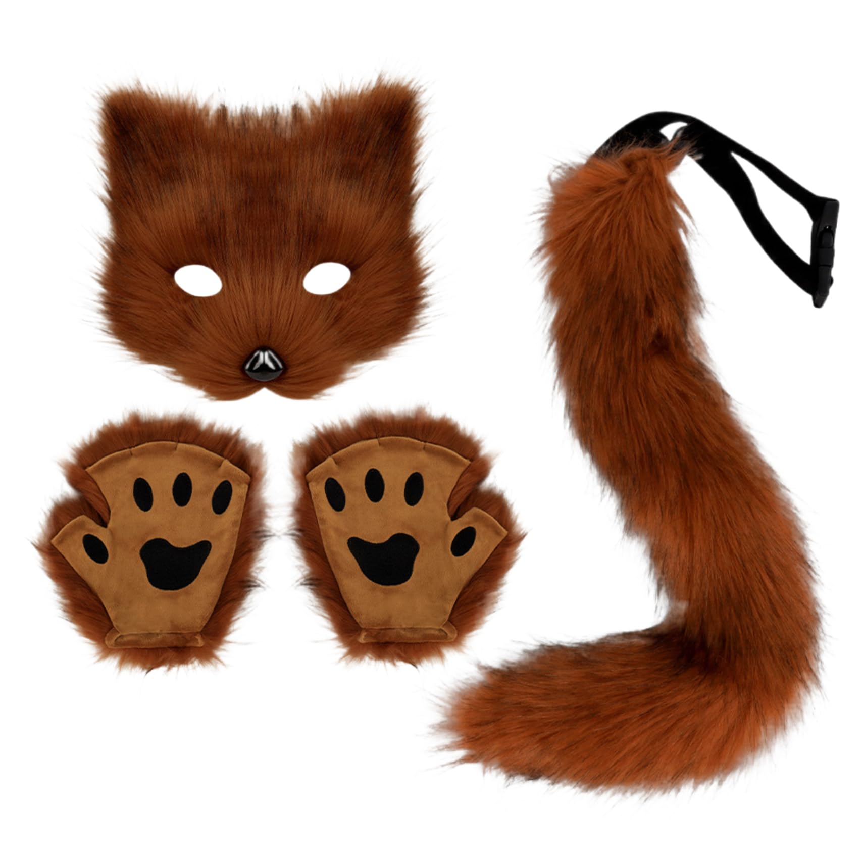 Fox Costume Halloween Therian Mask, Tail and Furry Paws Plush Mask Fluffy Paw Gloves and Tails Cosplay Costumes for Women Halloween Dress up Party Red Brown Fox Tail Furry Mask Fox Mask Therian Mask a