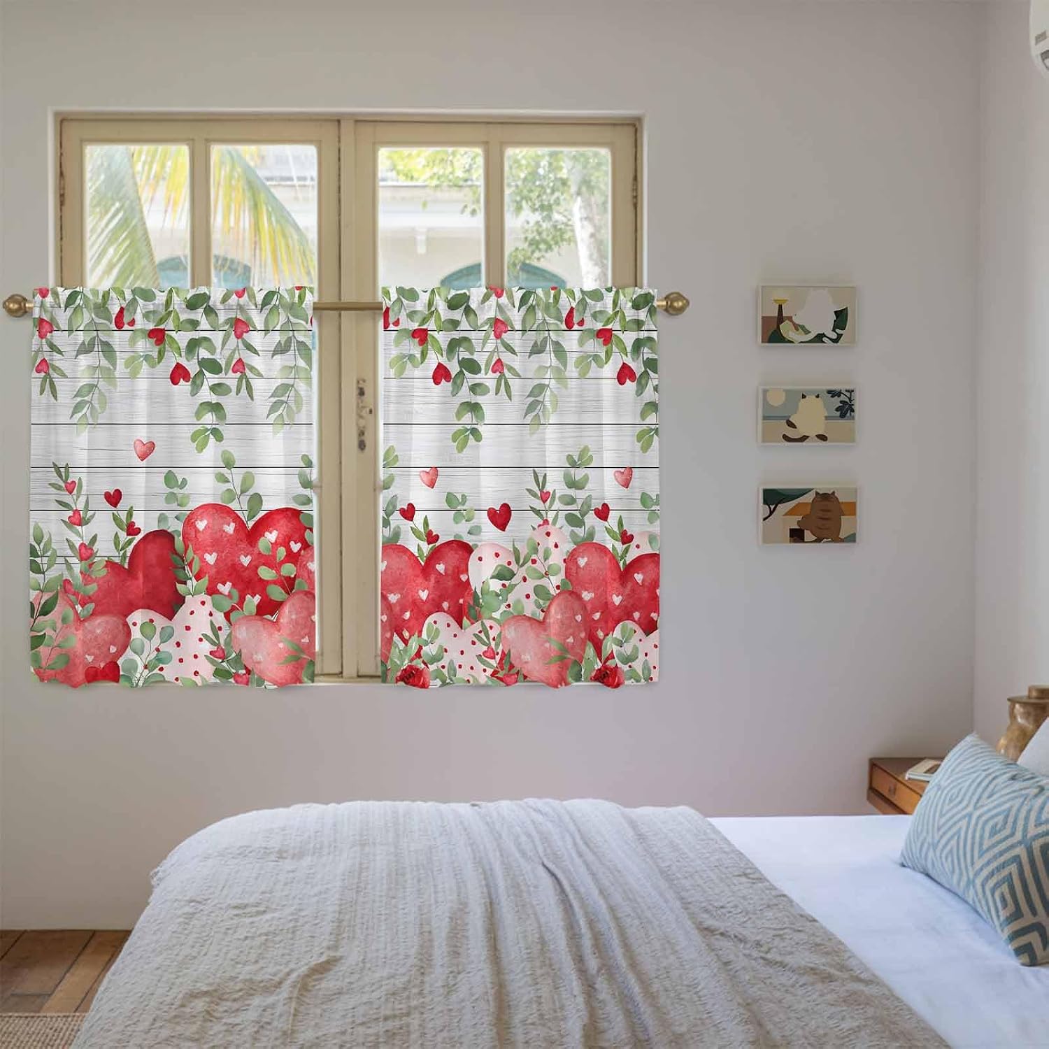 Valentine's Day Kitchen Curtains, Pink Love Heart Country Eucalyptus Farm Wooden Light Filtering Window Curtain, 2Pcs Rod Pocket Window Treatments Set for Study Room Bathroom Bedroom 52x54 Inches