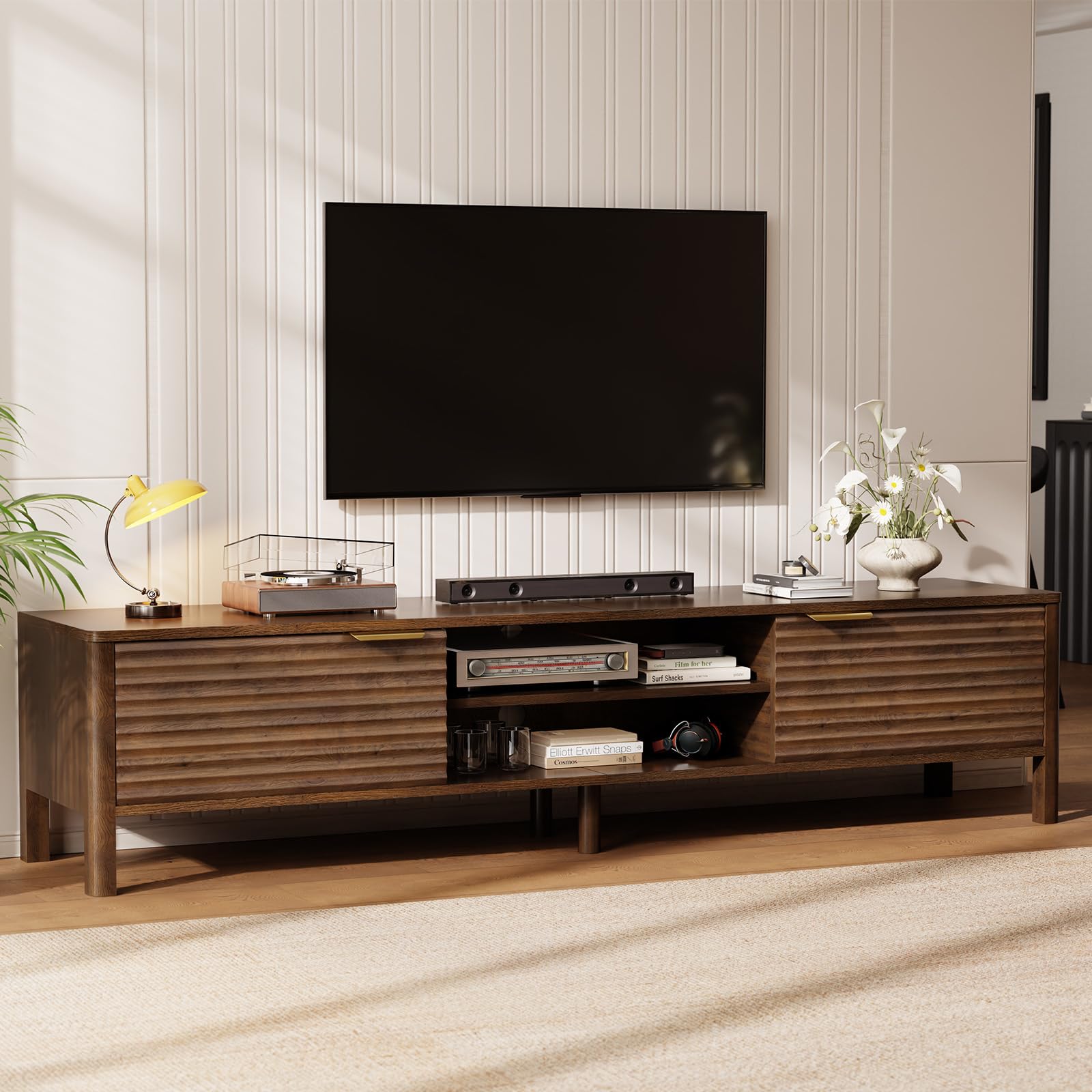 IKALIFE Meuble TV Bas Bois avec Rangement Marron 200 cm Longueur | Meuble TV avec 2 Portes, Meuble Tele pour Téléviseur jusqu'à 80 Pouces, Table TV Moderne, Meuble TV pour Salon et Chambre