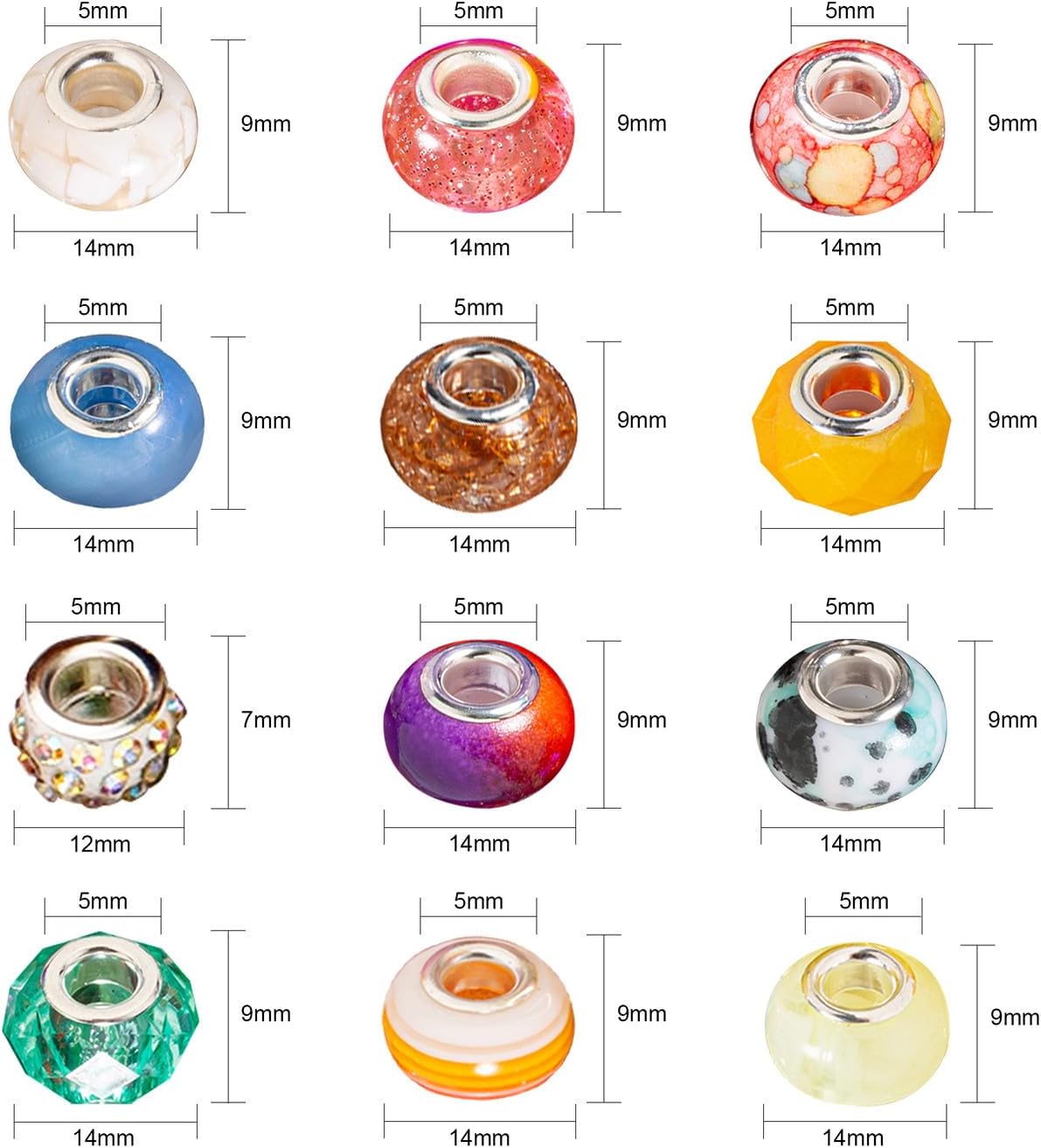 ZHIYUXI 12Styles Large Hole Beads for Jewelry Making European Big Hole Lampwork Spacer Rhinestone Bead for DIY Necklace Bracelet - Image 5