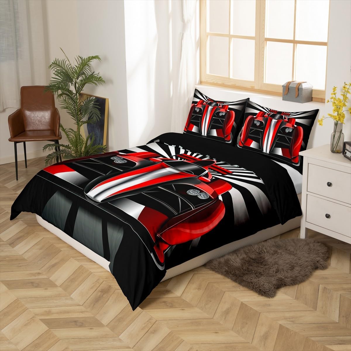 Sport Car Duvet Cover Set Cool Speed Race Car Bedding Sets King,Extreme Sports Comforter Cover Geometric Striped Bedding Kids Boys Teens Men Car Theme Bedroon Decor 3Pcs Soft Cozy,Red Black Grey