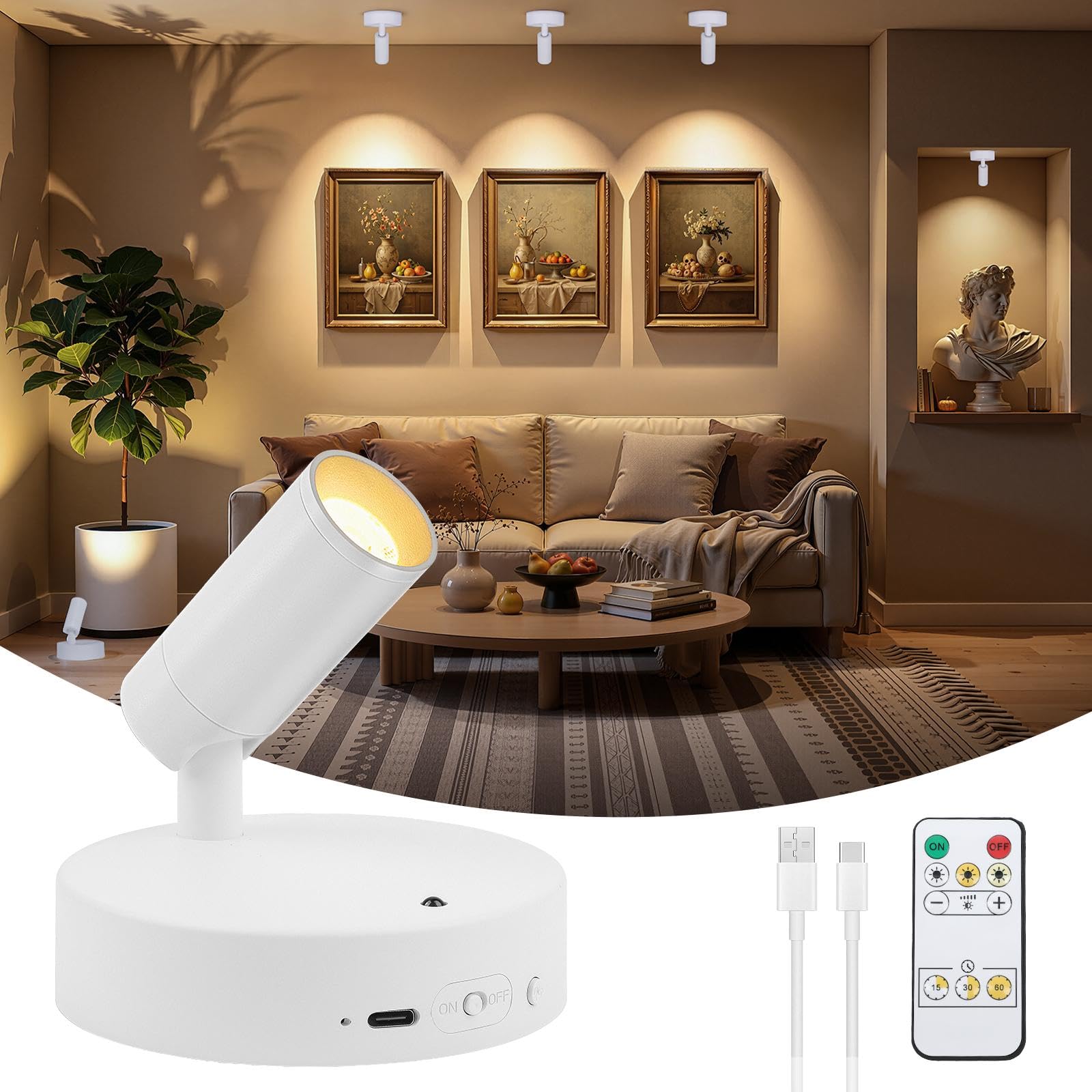 Ketom White Wall Lights Rechargeable No Drilling, Rotatable Plant Spotlight Indoor, Stick On Wall Lights With Remote, 3 Cct, Dimmable, Timer, Sconces Wall Light No Wire For Trees Artwork, 1 Pack
