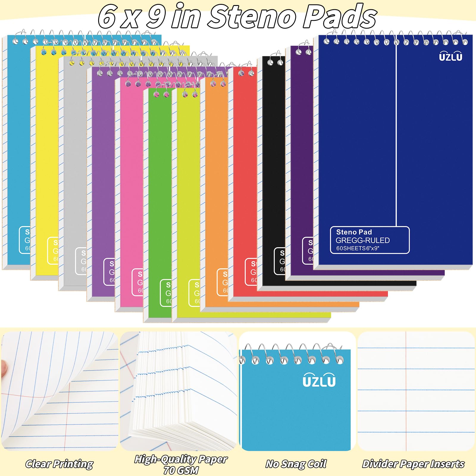 Paquete de 24 blocs Steno de 6 x 9 pulgadas, cuaderno con tapa en espiral a granel, 12 bloc de notas de colores surtidos, 60 hojas, papel de escritura Gregg, cuadernos Steno para estudiantes