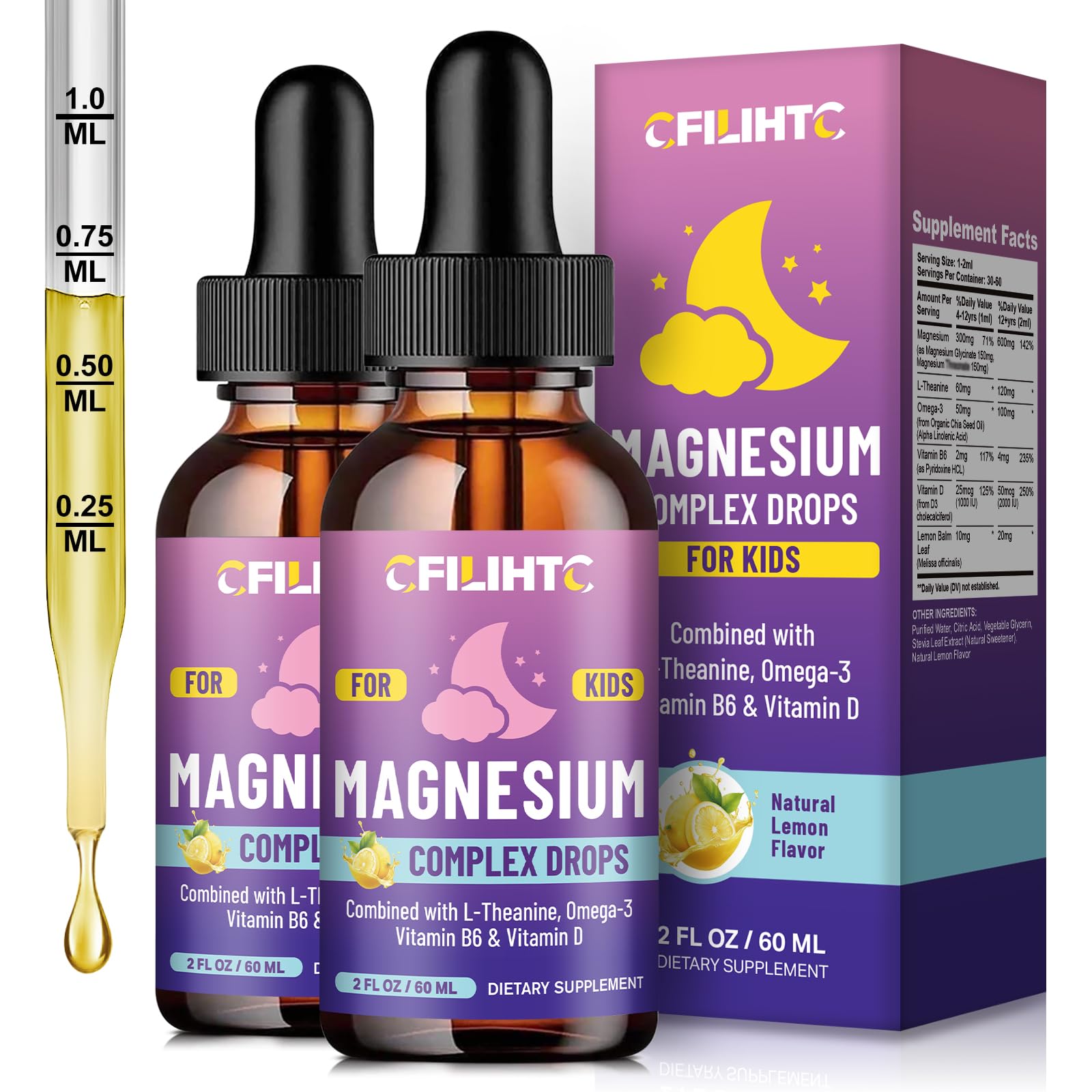 Kids Magnesium Liquid Drops-Magnesium Glycinate Liquid for Kids Supplement-w/L-theanine, Omega-3, Vitamin B6, D3 - for Sleep, Relaxation, Brain, Bones - Lemon Flavor, 4 Fl Oz