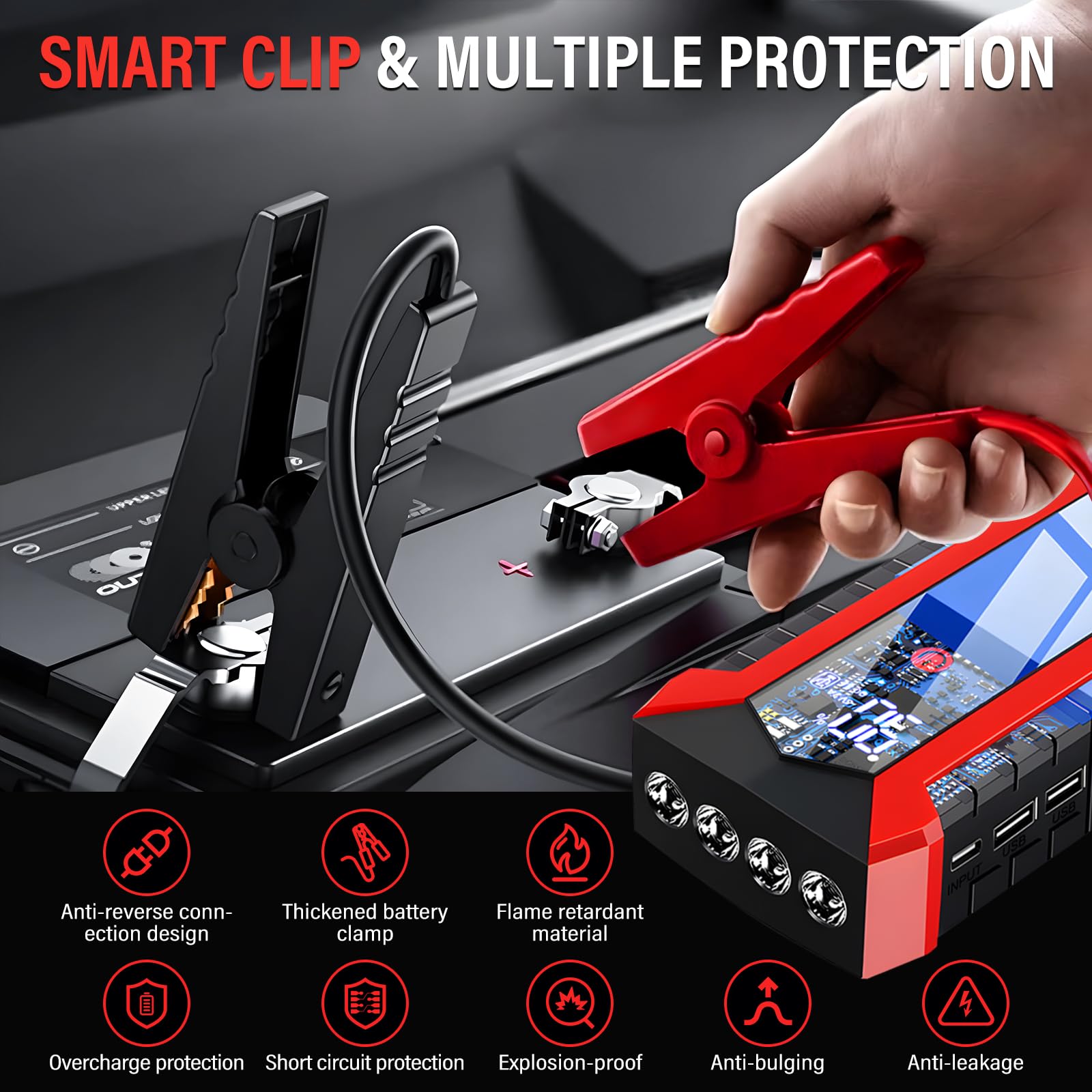 Anluomania Booster akumulator samochodowy 600 A, rozrusznik skokowy 12 V (do 3,0 l benzyny), rozrusznik samochodowy 6000 mAh, rozrusznik do akumulatora samochodowego z inteligentnymi zaciskami