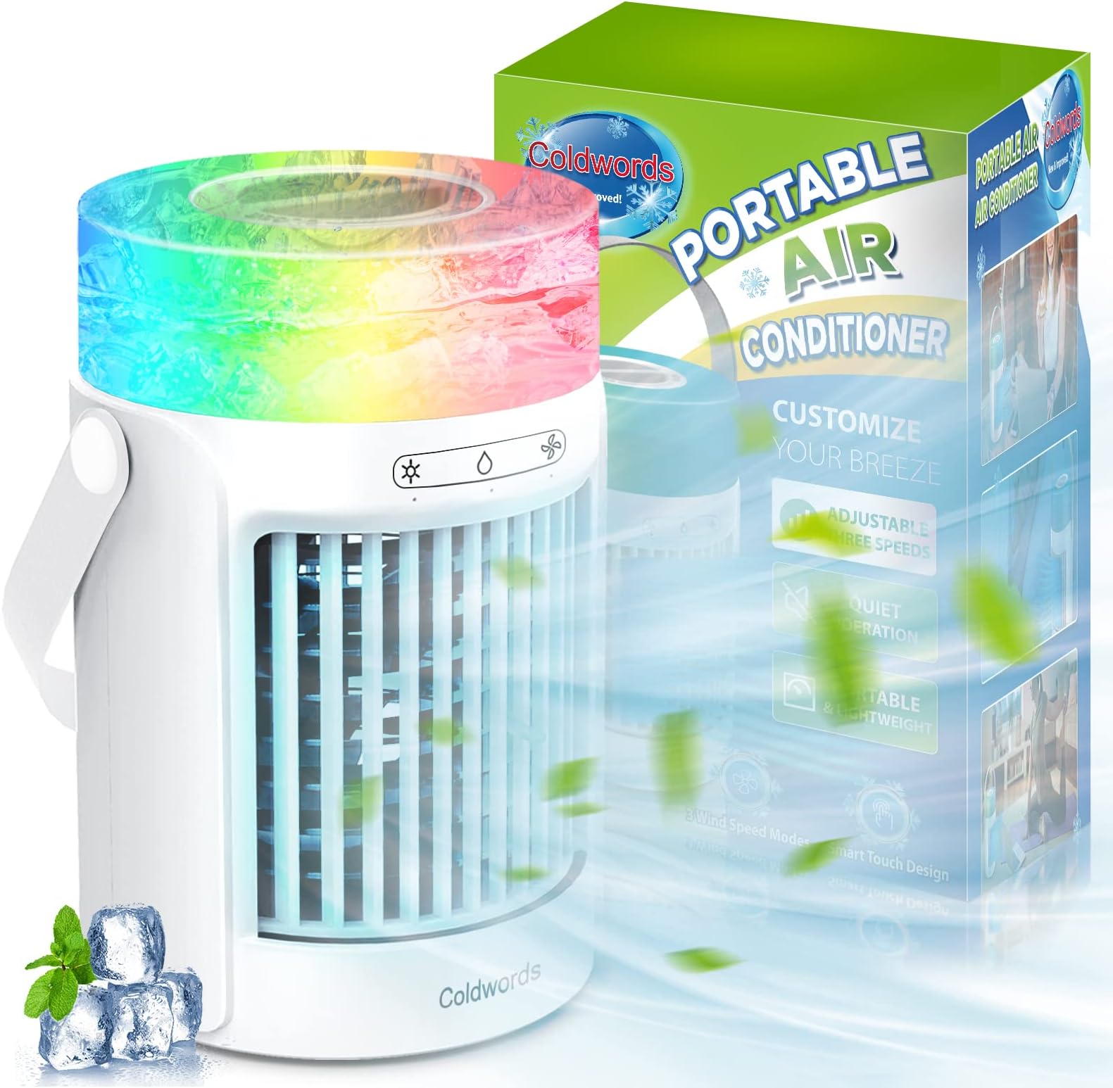 Air Cooler, Portable Personal Mini Air Conditioner, 3 Speeds Mode 7 Colors LED Evaporative Cooler Air Conditioner, 4000mAh USB Rechargeable Desktop Cooling Fan for Home Office Dorm(600ML) White [Energy Class A+++]
