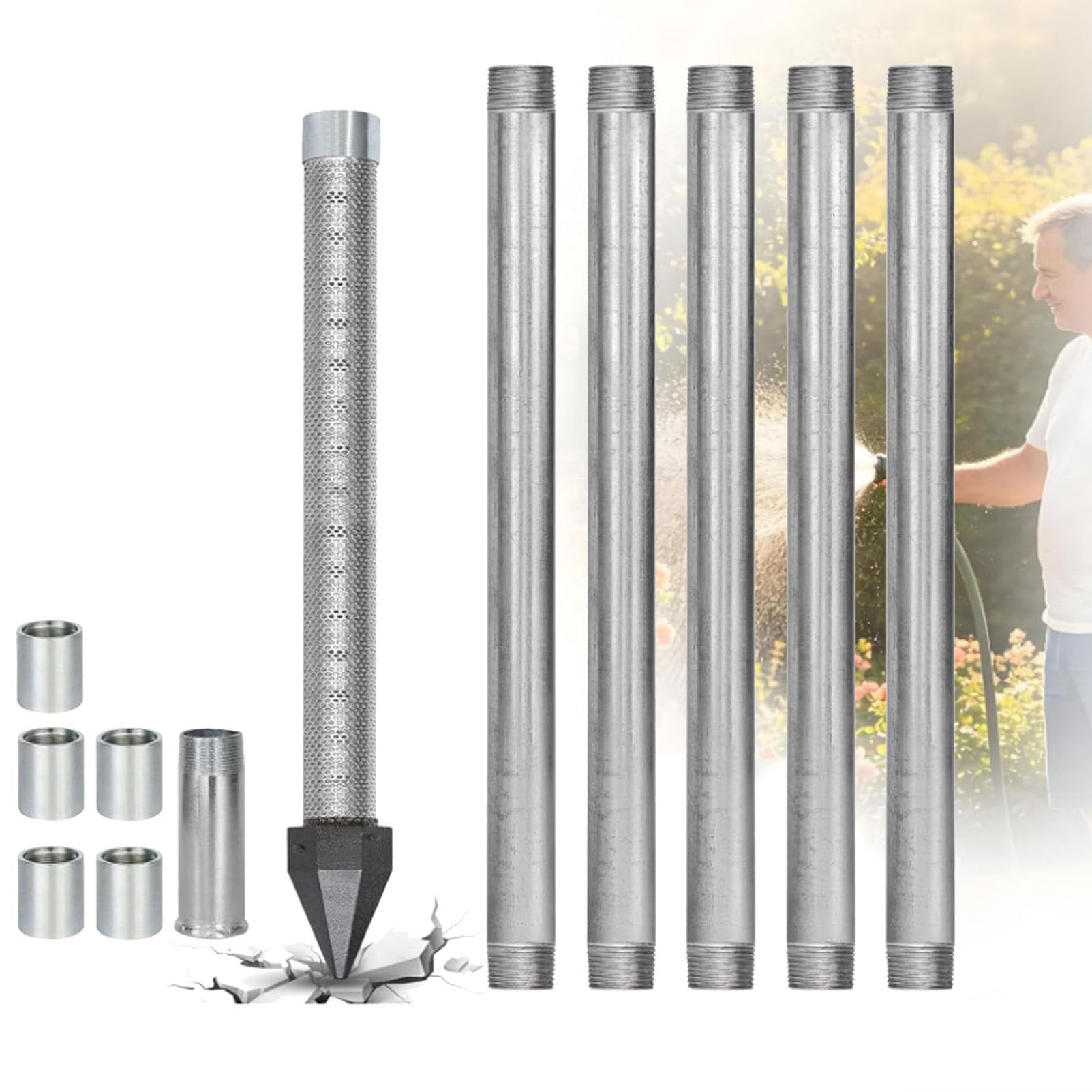 Oiyekntd Well Drive Point Kit, 1-1/4 Inch Stainless Steel Sand Point Well with 60 Gauze Mesh, 36" Heavy Duty Shallow with Galvanized Pipes and Couplings for Gardens & Farms WithWaterPump-6M