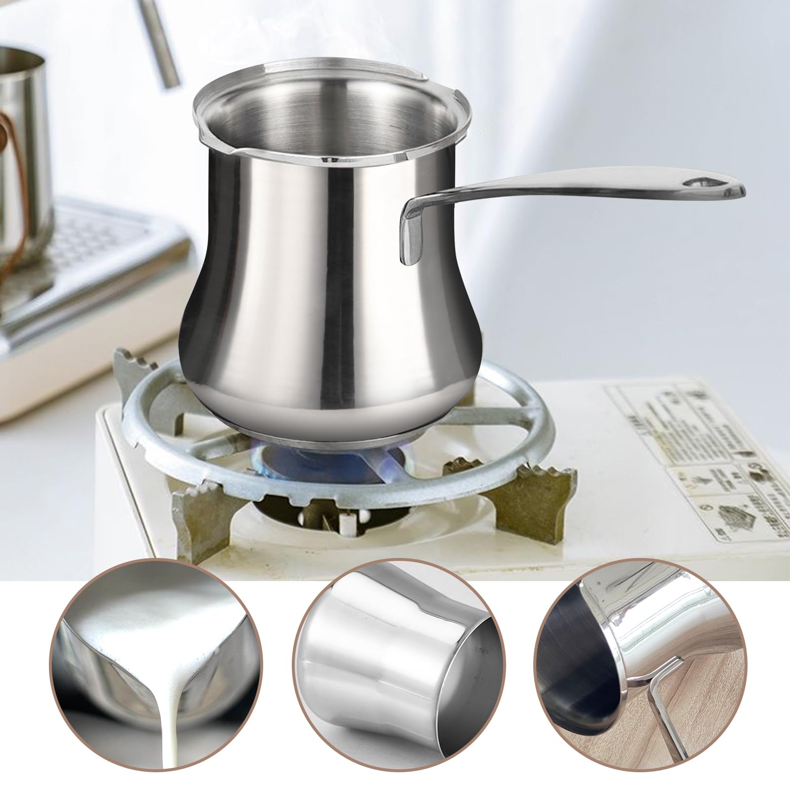 Cafetera Turca De Acero Inoxidable,500 ml Cafetera Turca Srabe,Calentador De Mantequilla Para Cafetera Moka Y Tetera,Hogar,Oficina,Viajes,Leche,Placa De Inducción