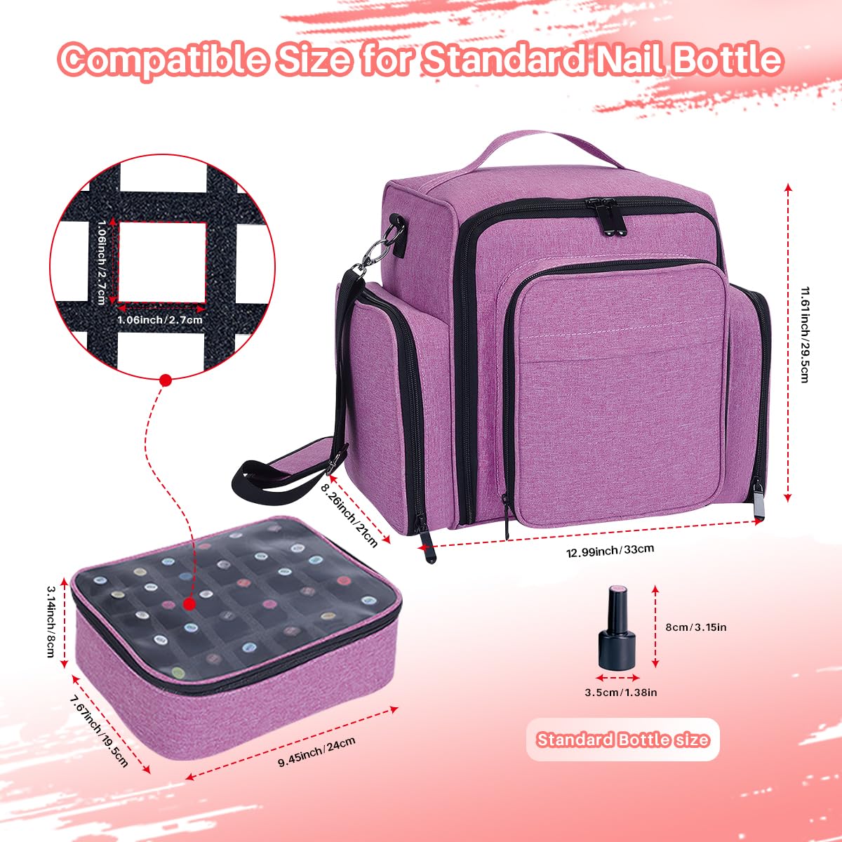 Estuche organizador de esmalte de uñas con capacidad para 90 botellas, caja de almacenamiento portátil de viaje con 3 bolsas desmontables, diseñada para herramientas de uñas de mujer, aceites