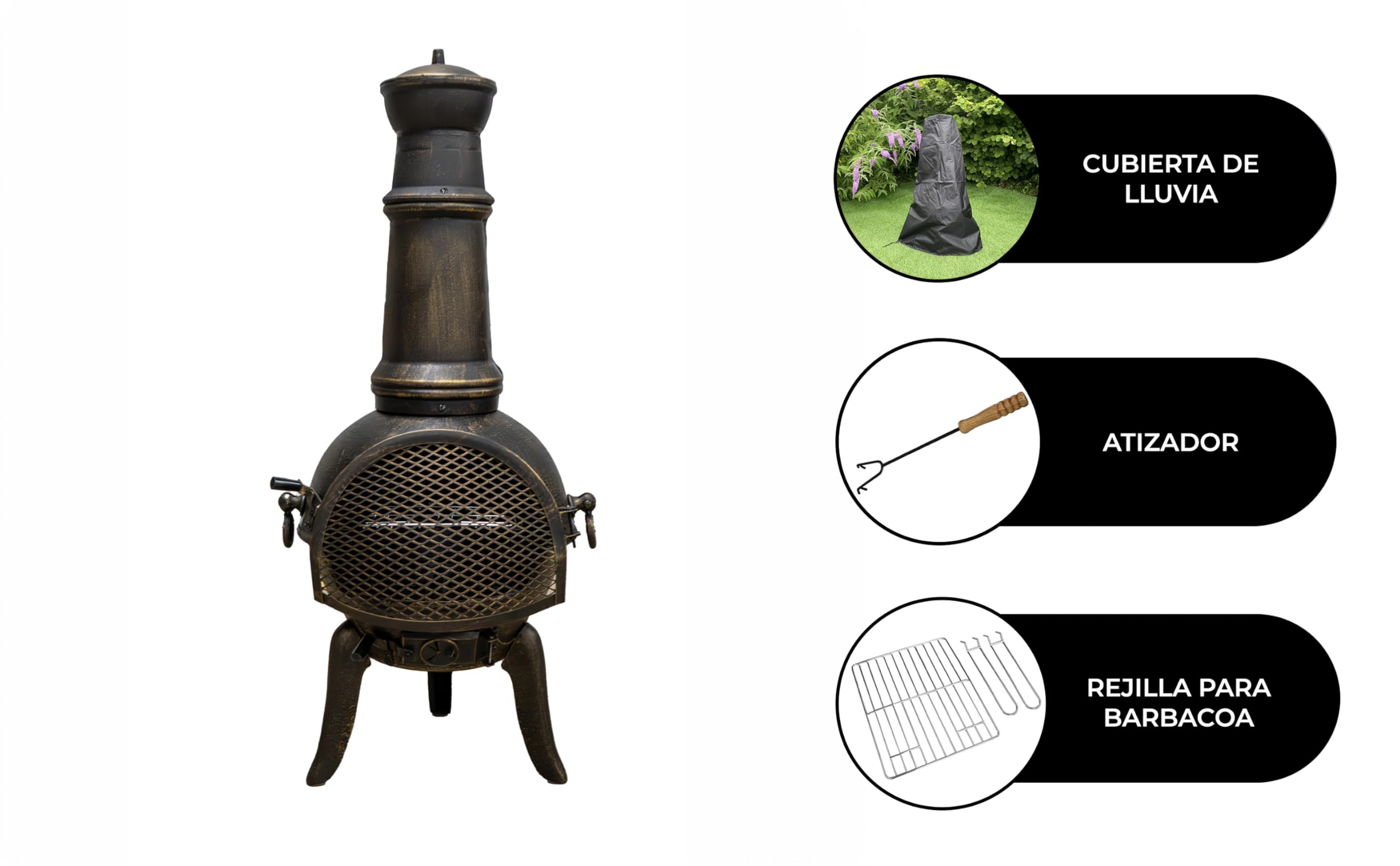 Chimenea Hierro Fundido para jardín | 110 x 48 x 50cm | Efecto Bronce Premium | Ventilación de Aire Ajustable y Tapa extraíble | Rejilla para Cenizas, Parrilla, Cubierta para Lluvia y Atizador Gratis