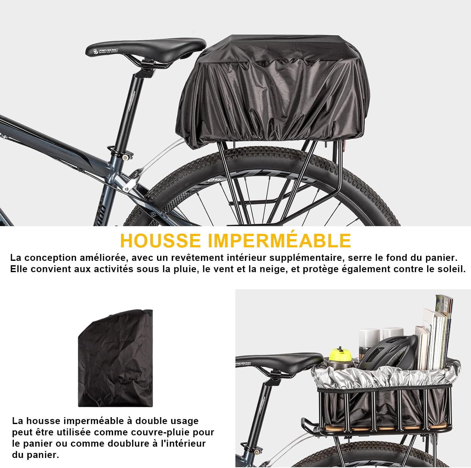 CXWXC Panier arrière de vélo – Grand panier porte-bagages avec fond en bois, housse imperméable et filet cargo haute capacité de charge