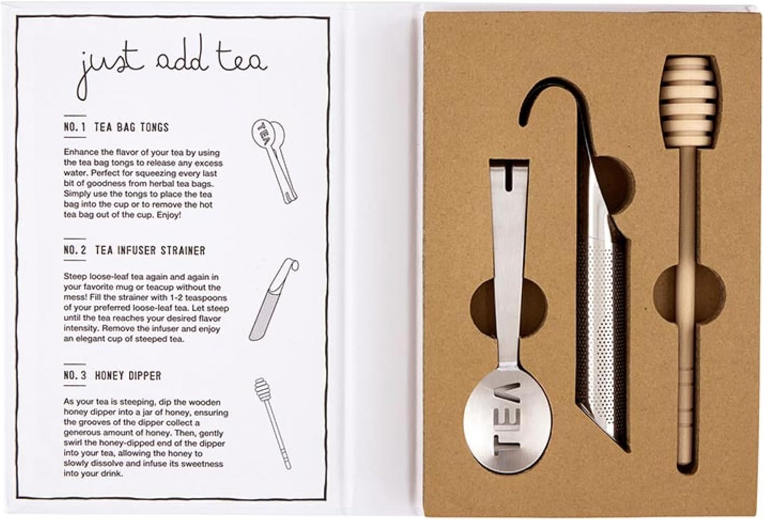 Santa Barbara Design Studio Tea Bag Tongs, Infuser, and Honey Dipper Set Cardboard Book Gift Box, 3-Piece, Spill The Tea