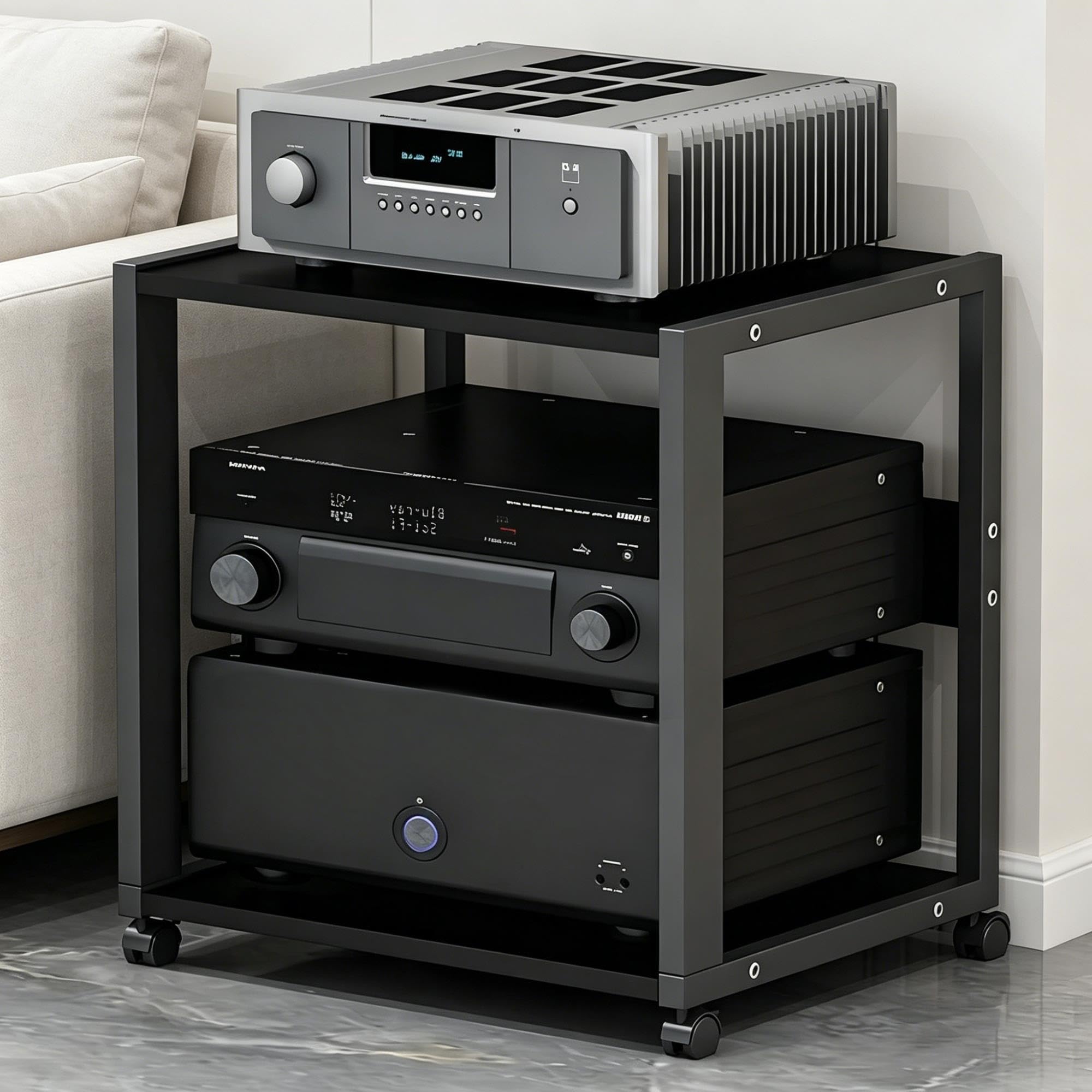 Mueble Equipo HiFi de 2 Niveles, Rack de Audio con Ruedas, Estante AV