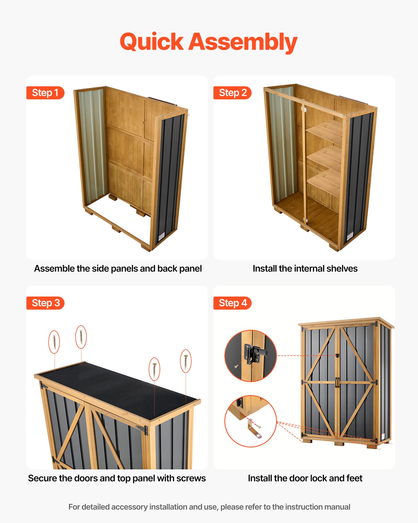 VEVOR Gartenschrank Holz, Geräteschrank mit Abschließbaren Türen, Gerätehaus mit Regalen & Boden, Geräteschuppen, Gartengerätehaus, Werkzeugschrank für Terrasse, Garten, Rasen, 112x46x160 cm