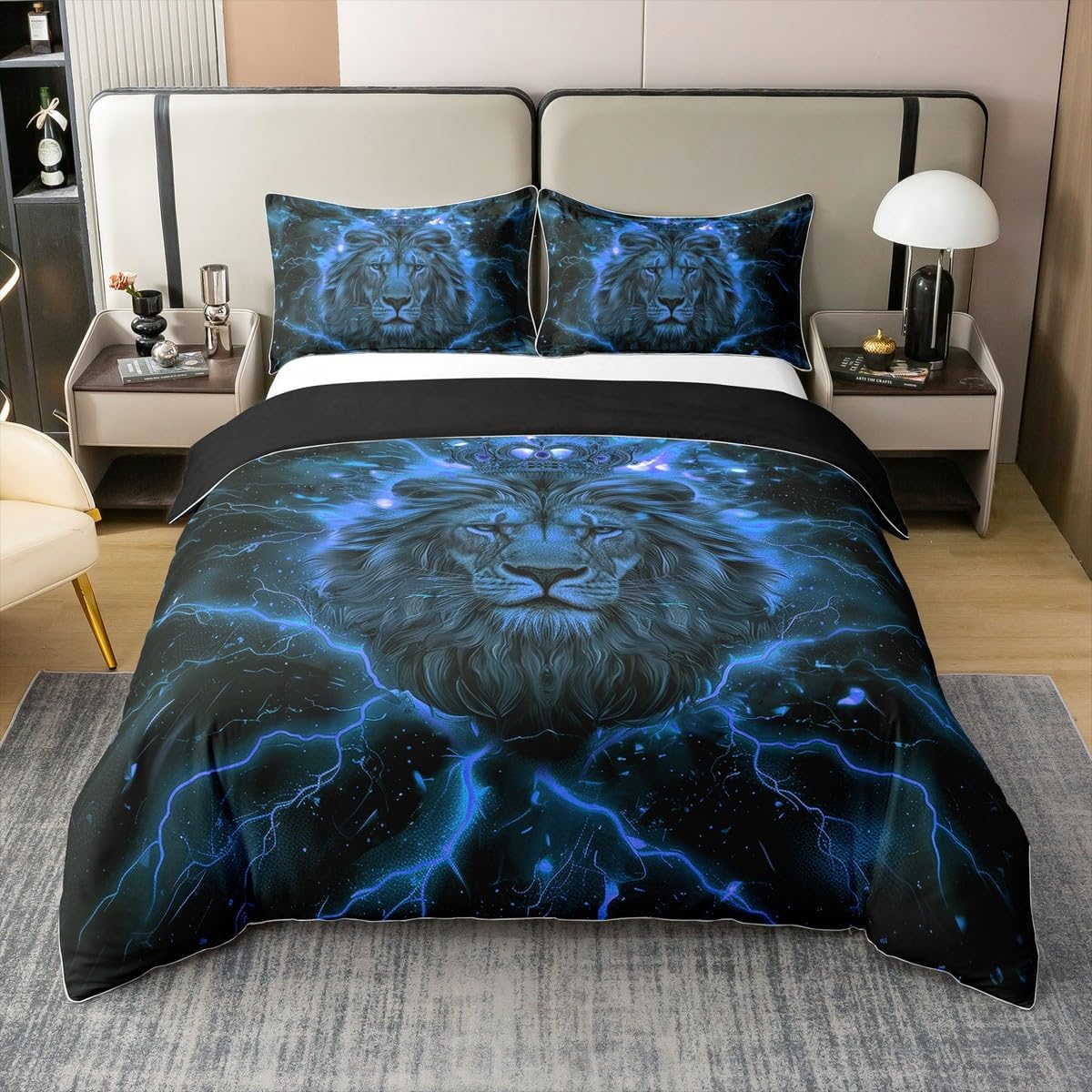 Manfei Lion Full Size Cotton Duvet Cover,African Wild Animal King Crown Glitter Quilt Cover(No Filler),3D Lightning Gaming Print Blue Black Comforter Cover for Kids Adults Bedroom