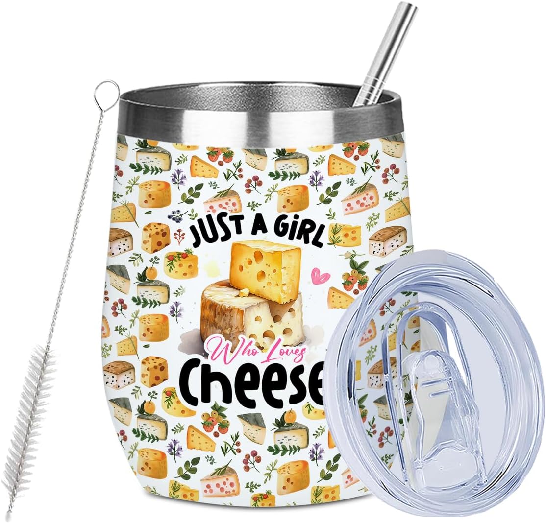 Funny Cheese Gifts Wine Tumbler 12 oz Insulated Wine Glass Cup with Lid Straw Vacuum Insulated Travel Cup, Cheese Lover Food Gifts for Women Friend Bestie Sister Birthday Christmas Halloween