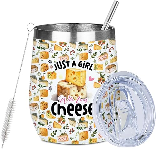 Funny Cheese Gifts Wine Tumbler 12 oz Insulated Wine Glass Cup with Lid Straw Vacuum Insulated Travel Cup, Cheese Lover Food Gifts for Women Friend Bestie Sister Birthday Christmas Halloween