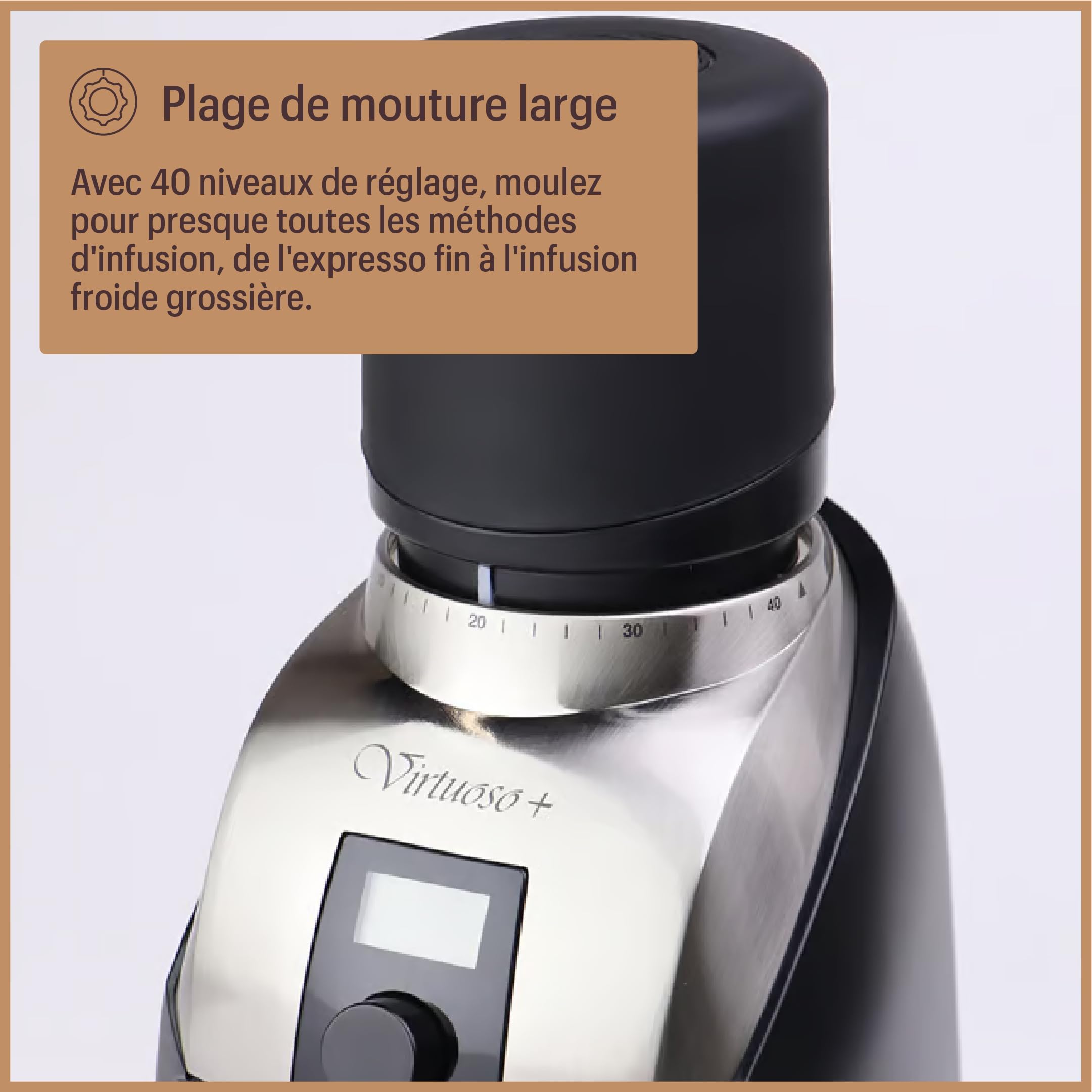 Baratza - Virtuoso+ 230V Coffee Grinder - Moulin à café électrique avec Fraise Conique en Acier, Timer et Lumière Intégrée - Espresso, 300g Capacité de la Trémie - Noir