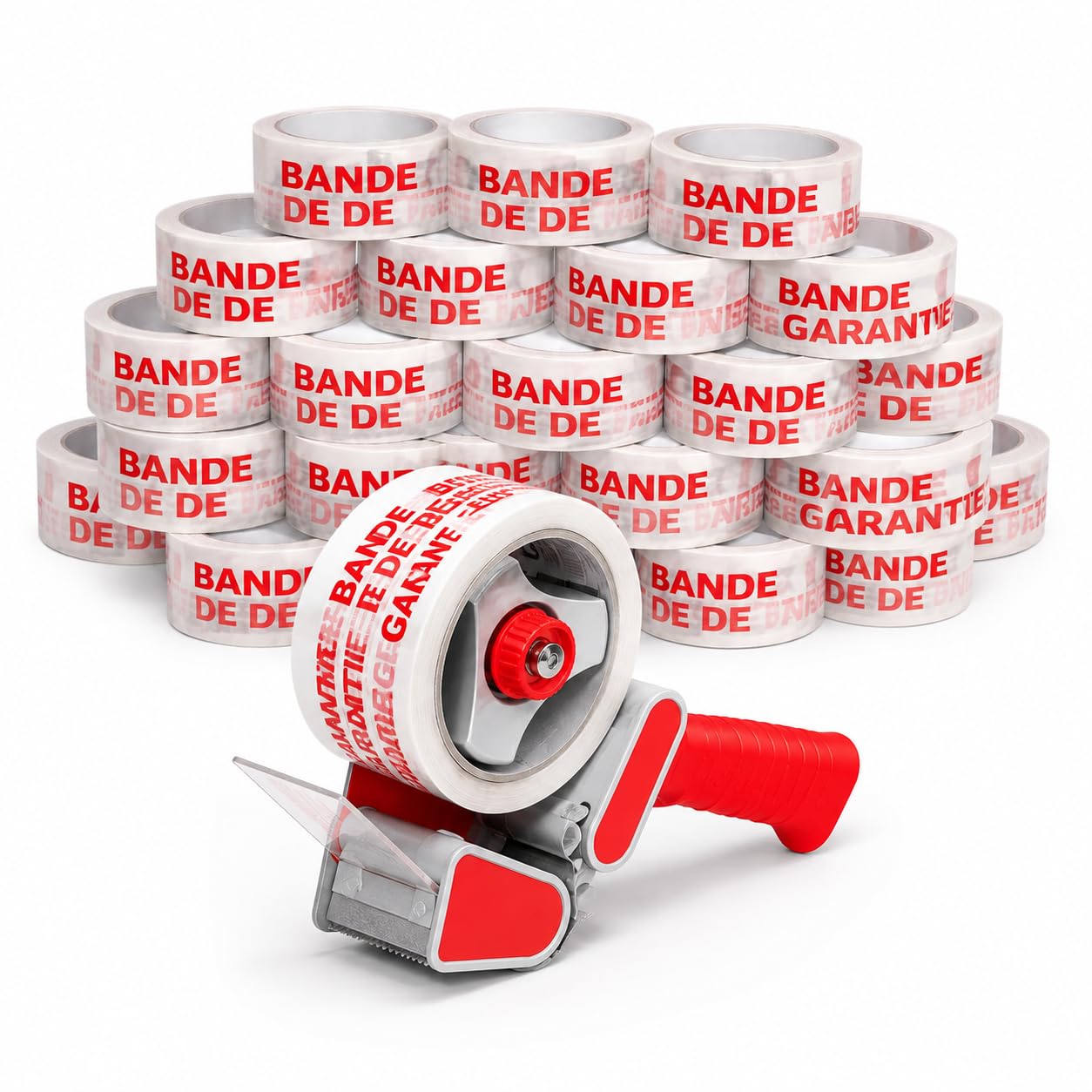 Ruban Adhésif BANDE DE GARANTIE - 50 mm x 66 m – Lot de 18 Rouleaux + Dévidoir Offert – Adhésif Blanc & Rouge – Ruban Adhésif Emballage pour Cartons, Déménagement, Colis, Stockage et Expédition