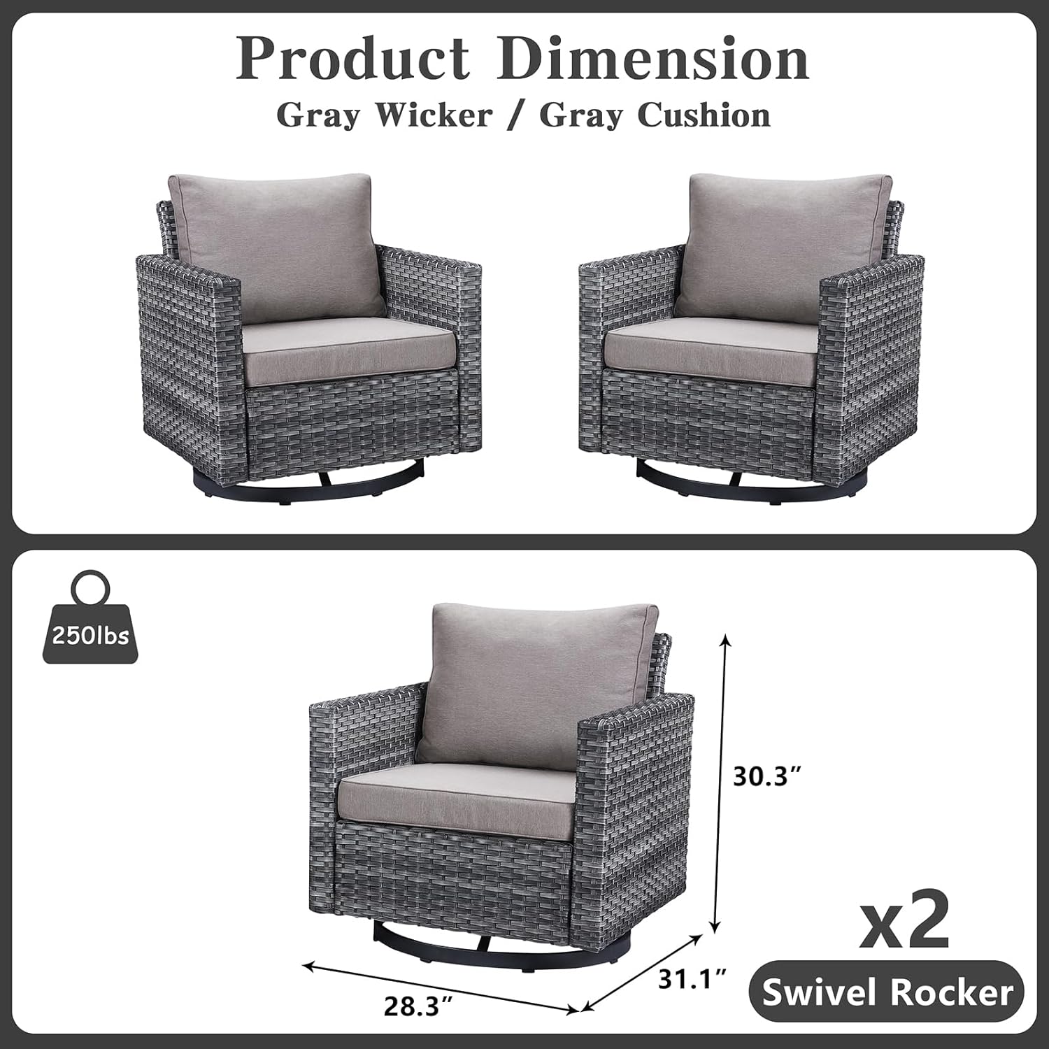 Belord Wicker Chairs Outdoor Bistro Set Oversize Patio Swivel Rocker, Rattan Outdoor Seating Set of 2 Swivel Glider Chairs Wicker Furniture for Porch Deck Backyard with Water-Resistant