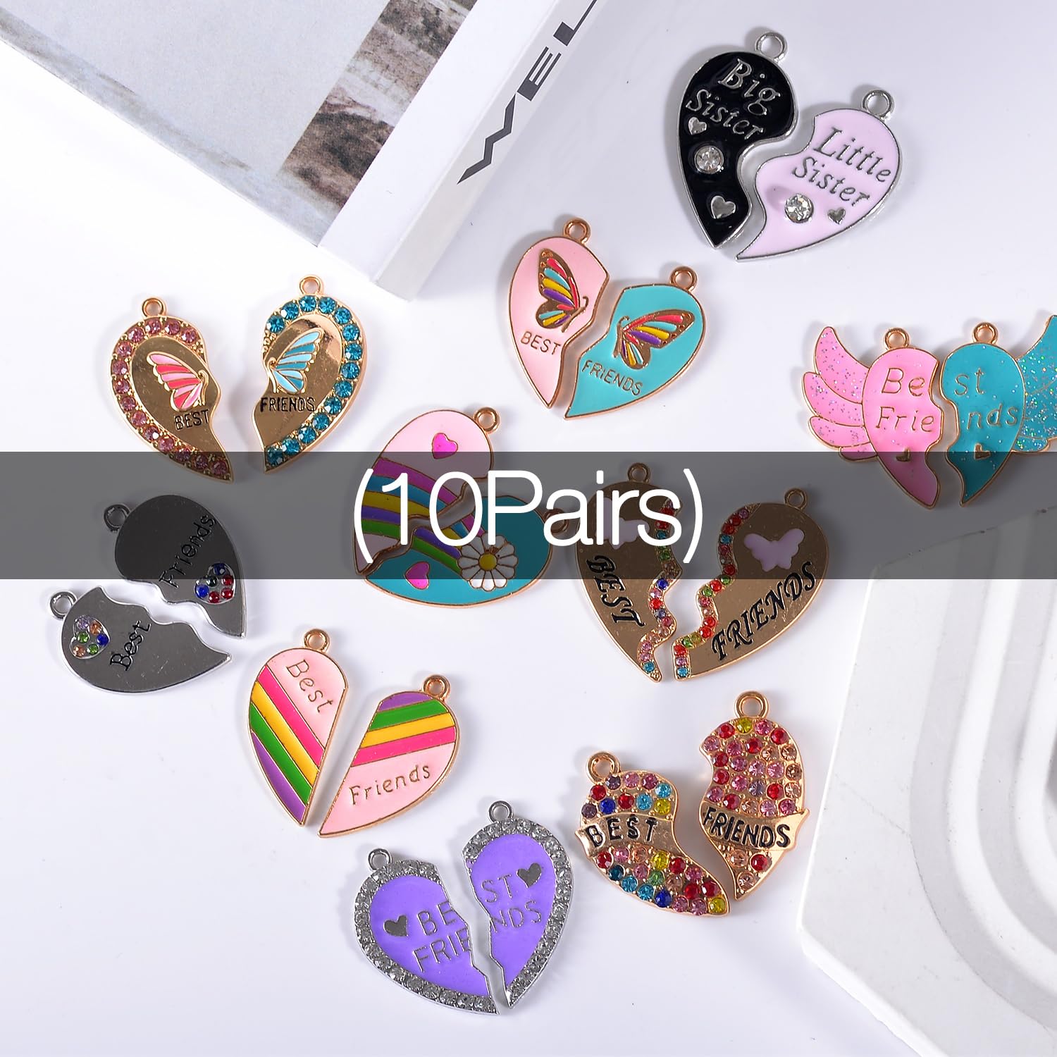 20PCs Bulk Enamel Best Friend Charms for Jewelry Making, Colorful Metal Friendship Split Heart Charms Pendant for Bracelet Necklace and Crafting (Friendship Color)
